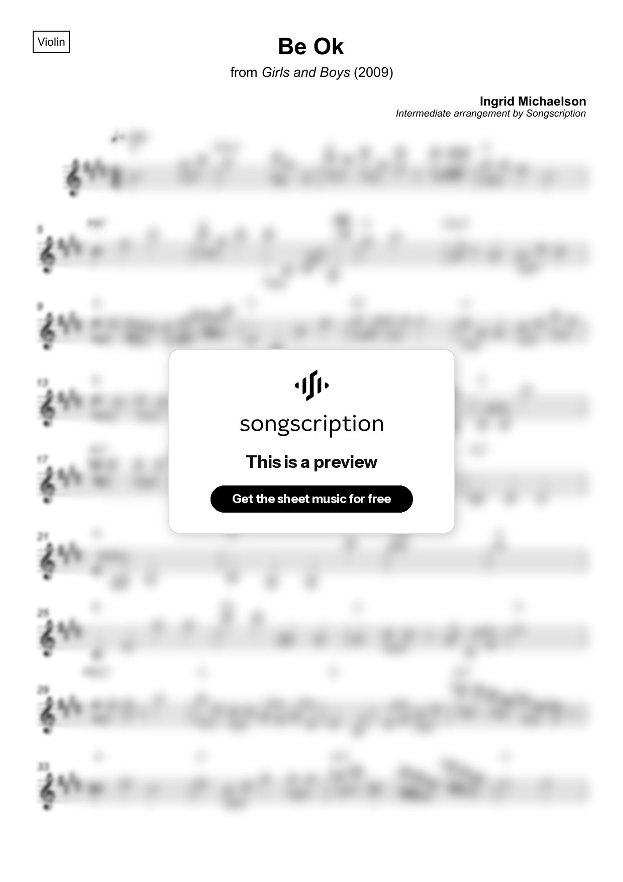 Intermediate Violin Sheet Music for "Be Ok" by Ingrid Michaelson