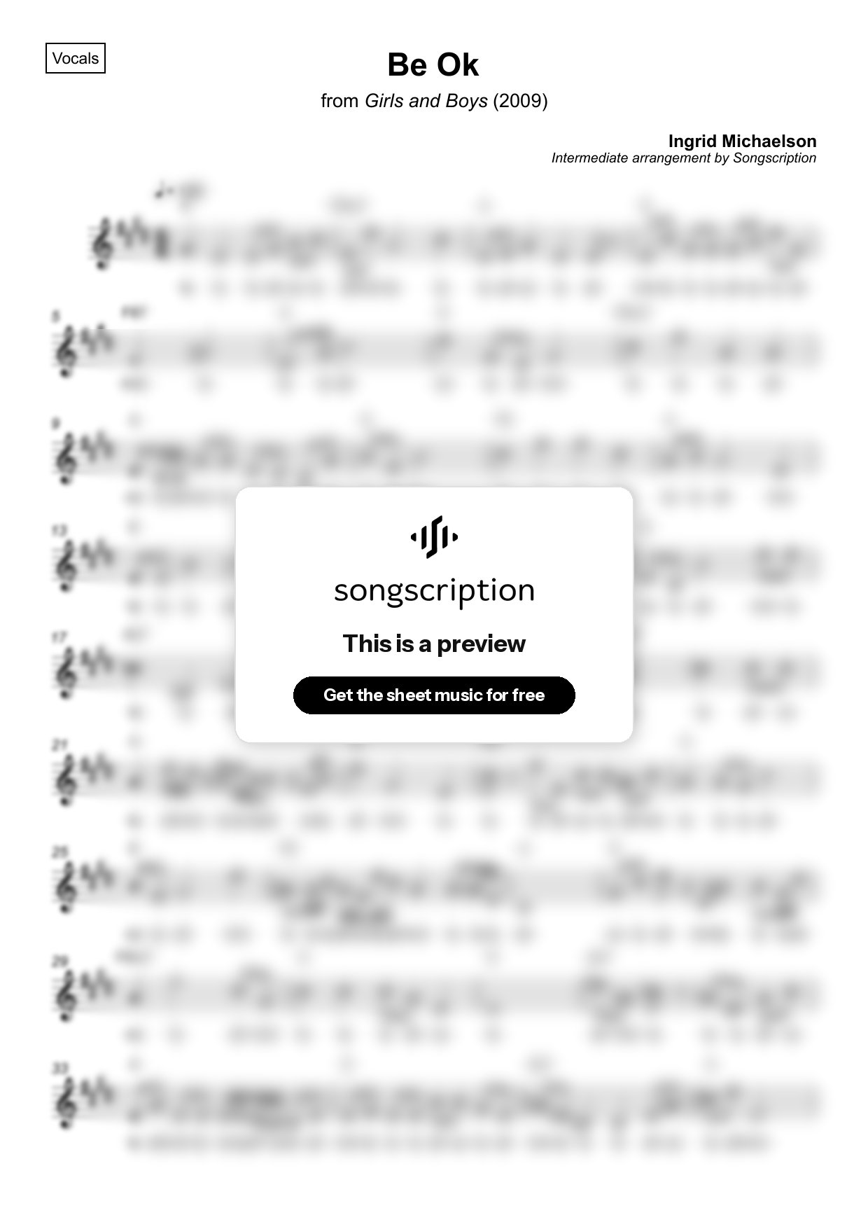 Intermediate Vocals Sheet Music for "Be Ok" by Ingrid Michaelson