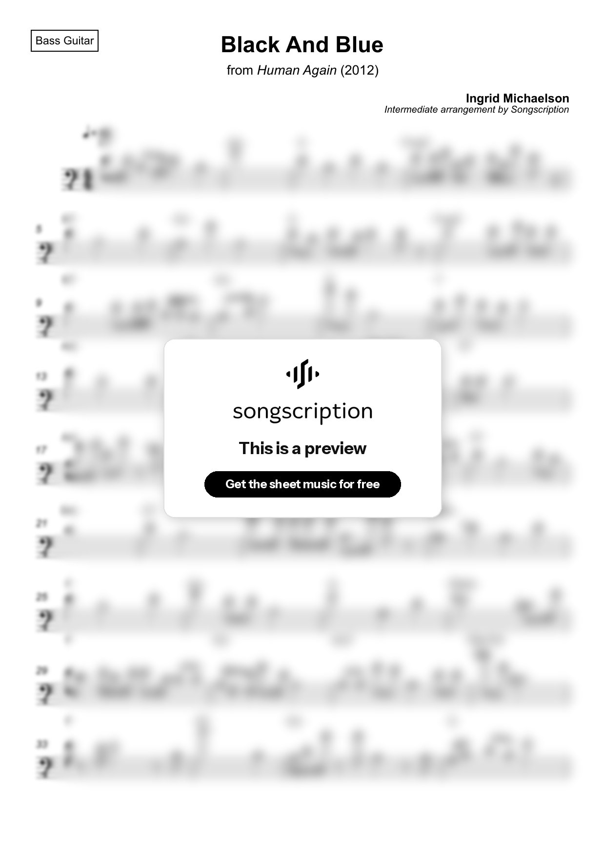 Intermediate Bass Guitar Sheet Music for "Black And Blue" by Ingrid Michaelson