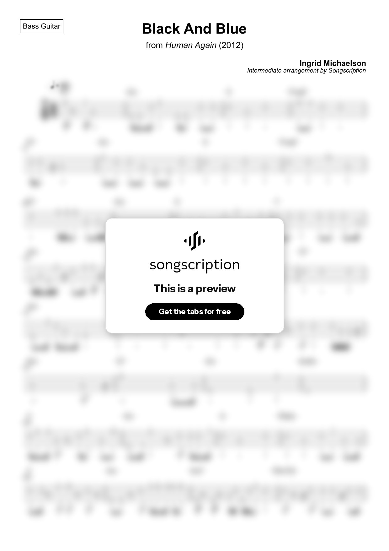 Intermediate Bass Guitar Tabs for "Black And Blue" by Ingrid Michaelson