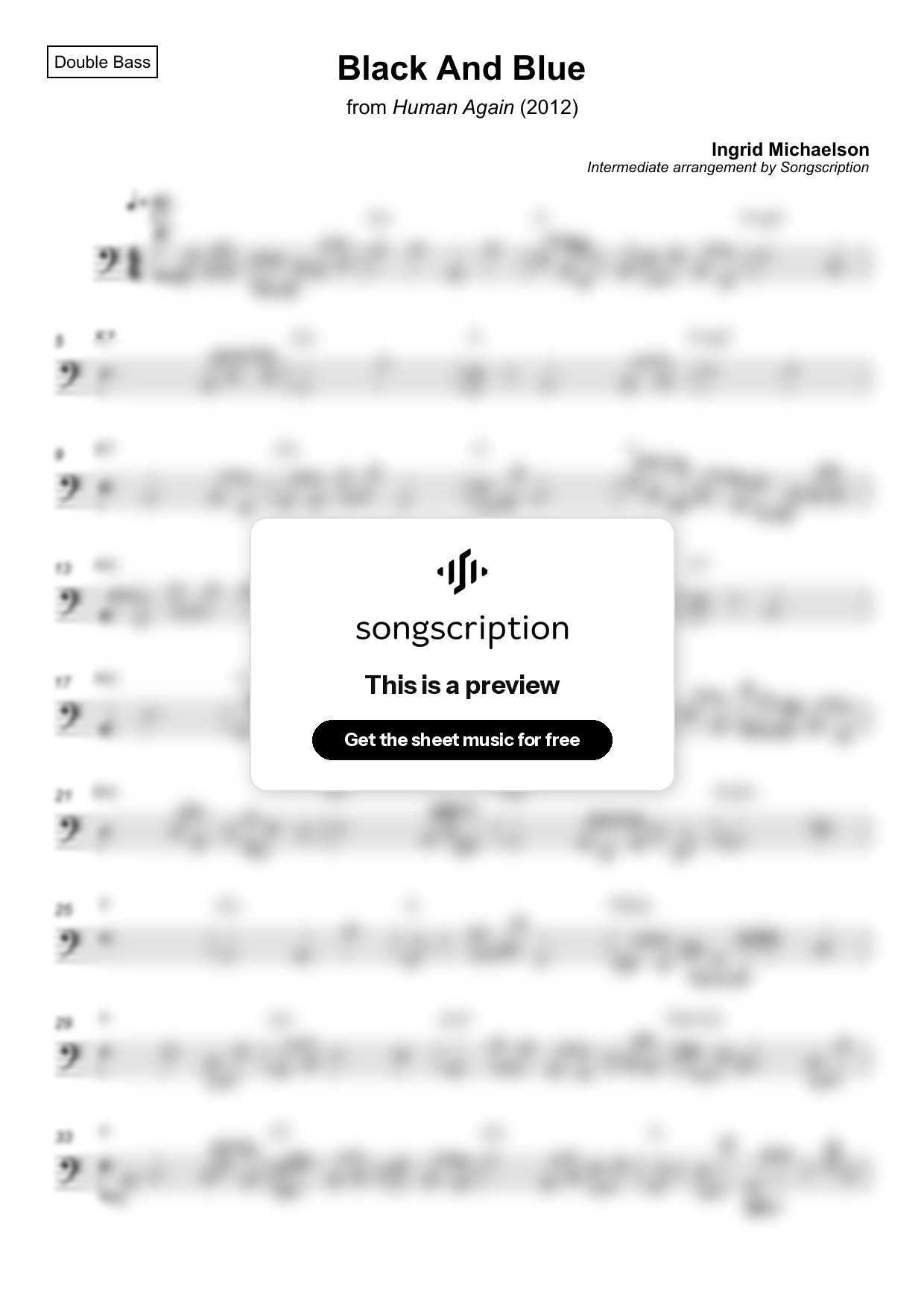 Intermediate Double Bass Sheet Music for "Black And Blue" by Ingrid Michaelson