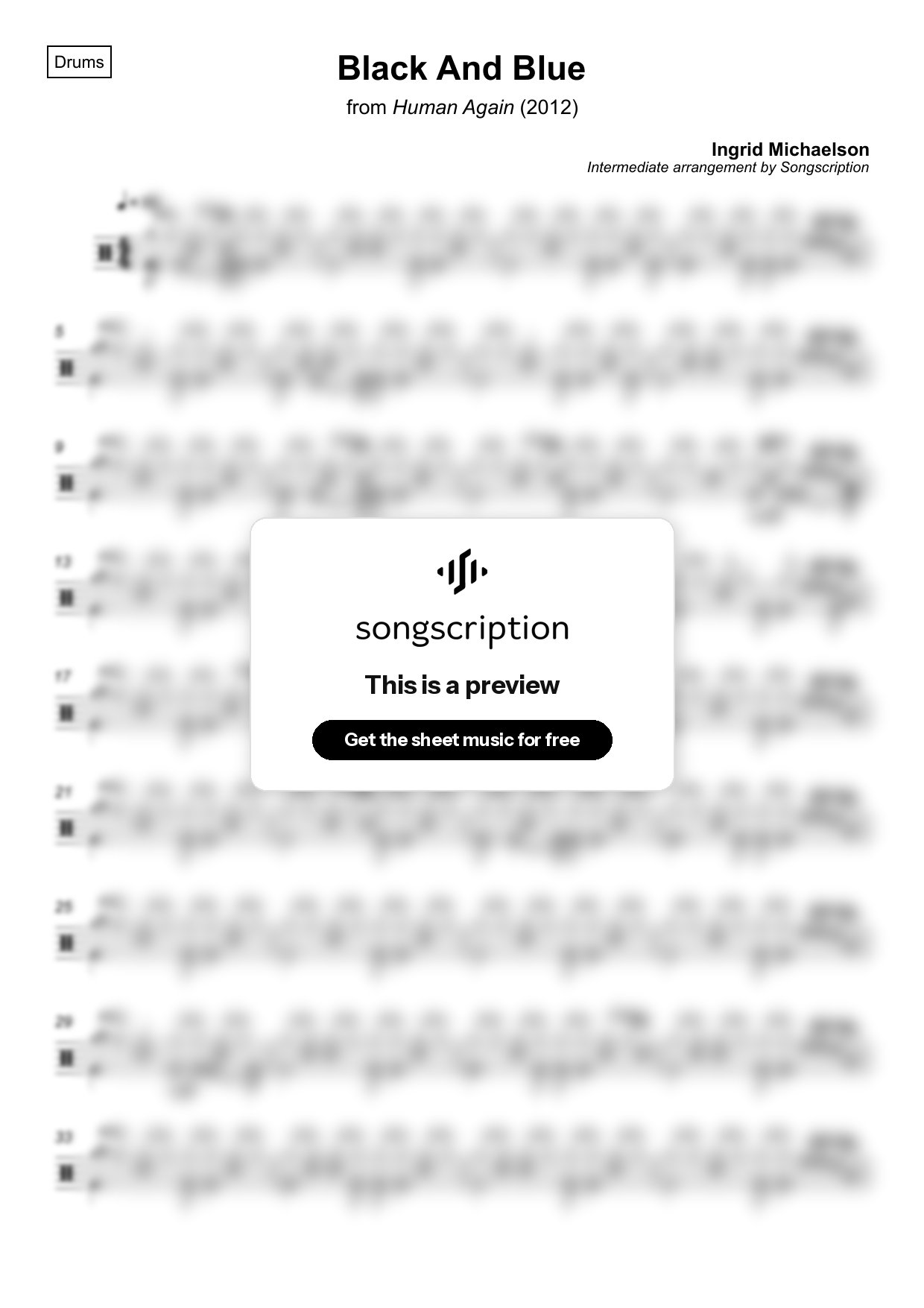 Intermediate Drums Sheet Music for "Black And Blue" by Ingrid Michaelson