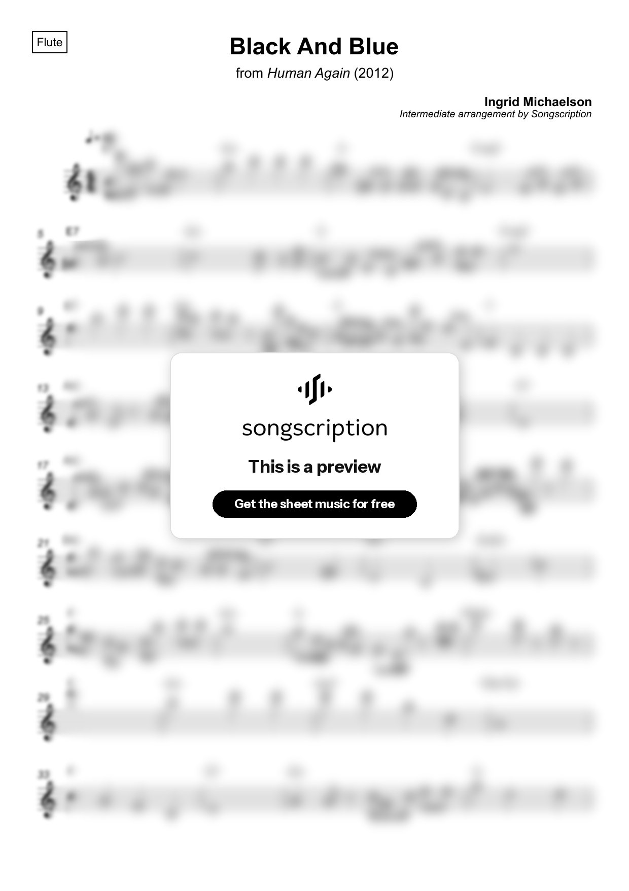 Intermediate Flute Sheet Music for "Black And Blue" by Ingrid Michaelson