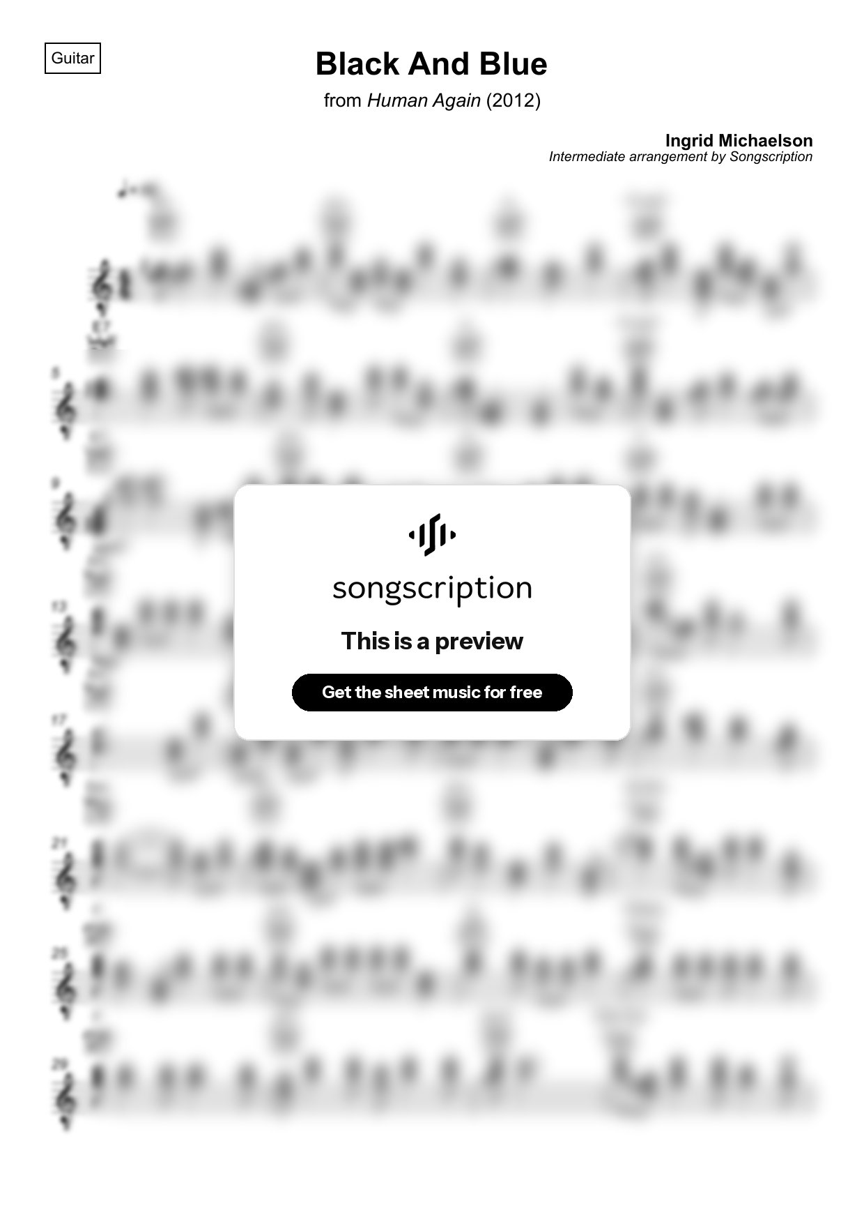 Intermediate Acoustic Guitar Sheet Music for "Black And Blue" by Ingrid Michaelson