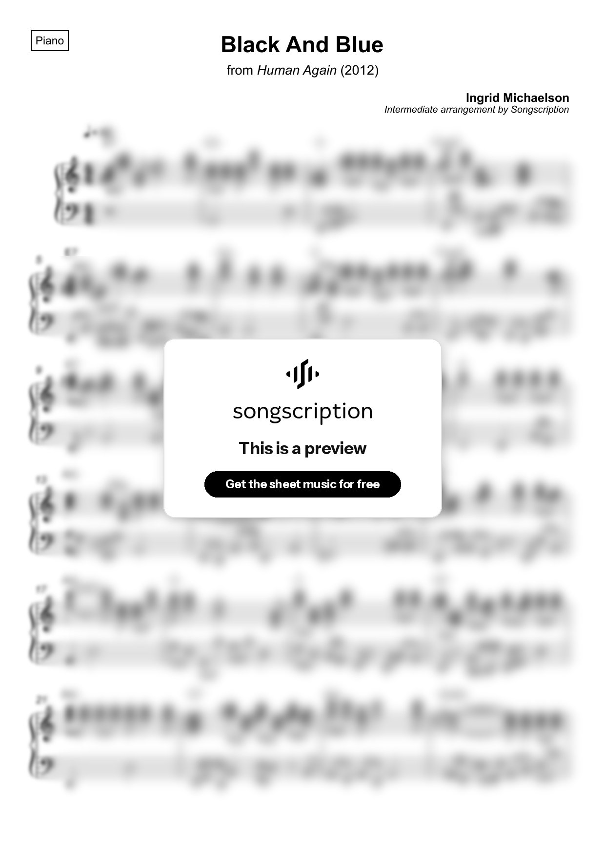 Intermediate Piano Sheet Music for "Black And Blue" by Ingrid Michaelson