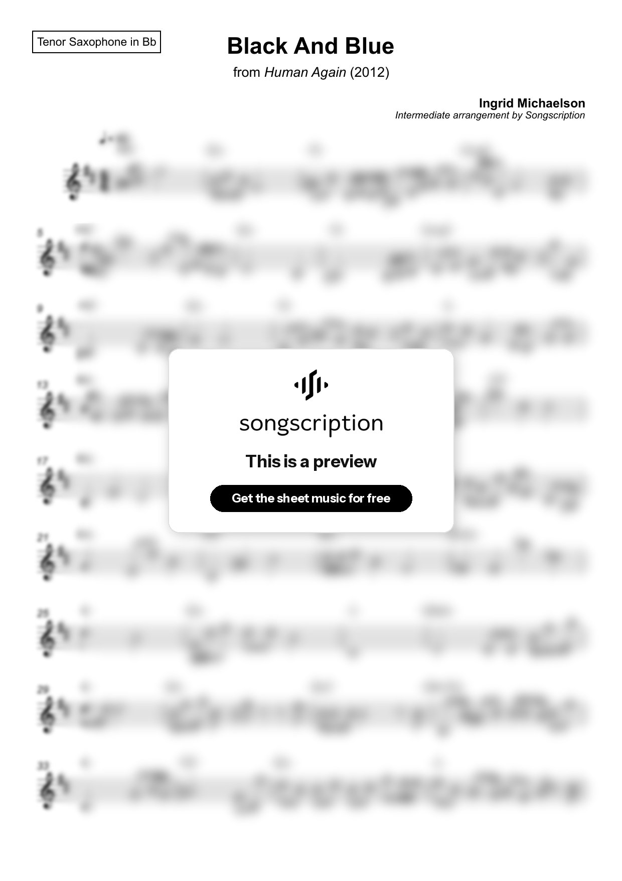 Intermediate Tenor Sax Sheet Music for "Black And Blue" by Ingrid Michaelson