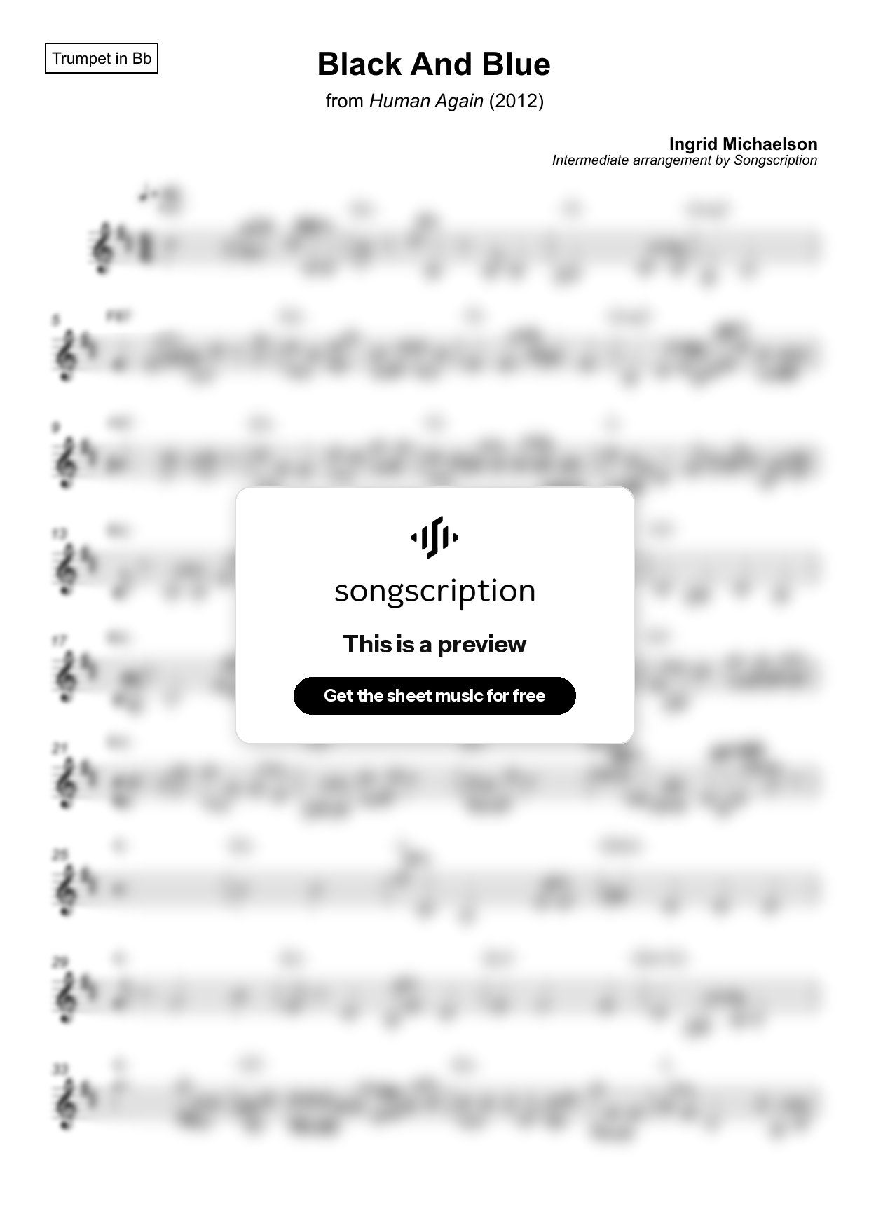 Intermediate Trumpet Sheet Music for "Black And Blue" by Ingrid Michaelson