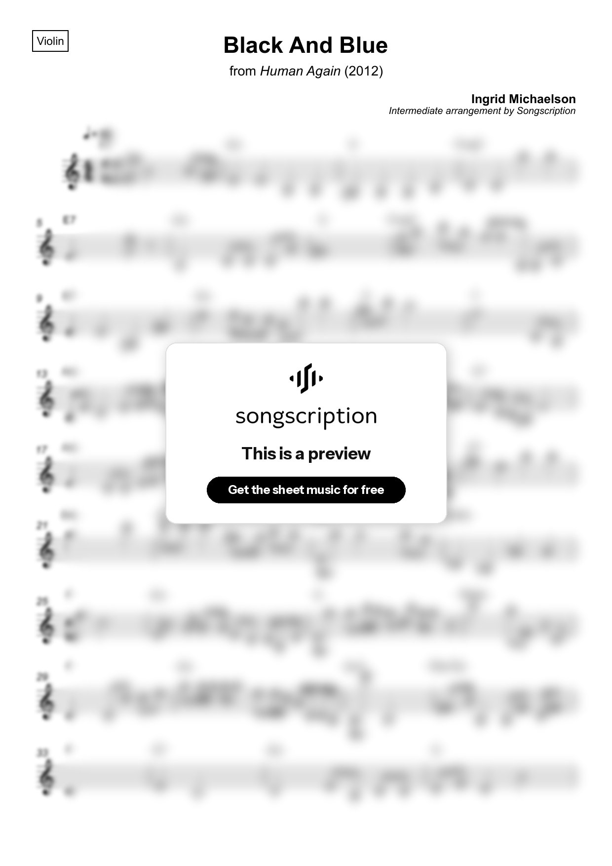Intermediate Violin Sheet Music for "Black And Blue" by Ingrid Michaelson