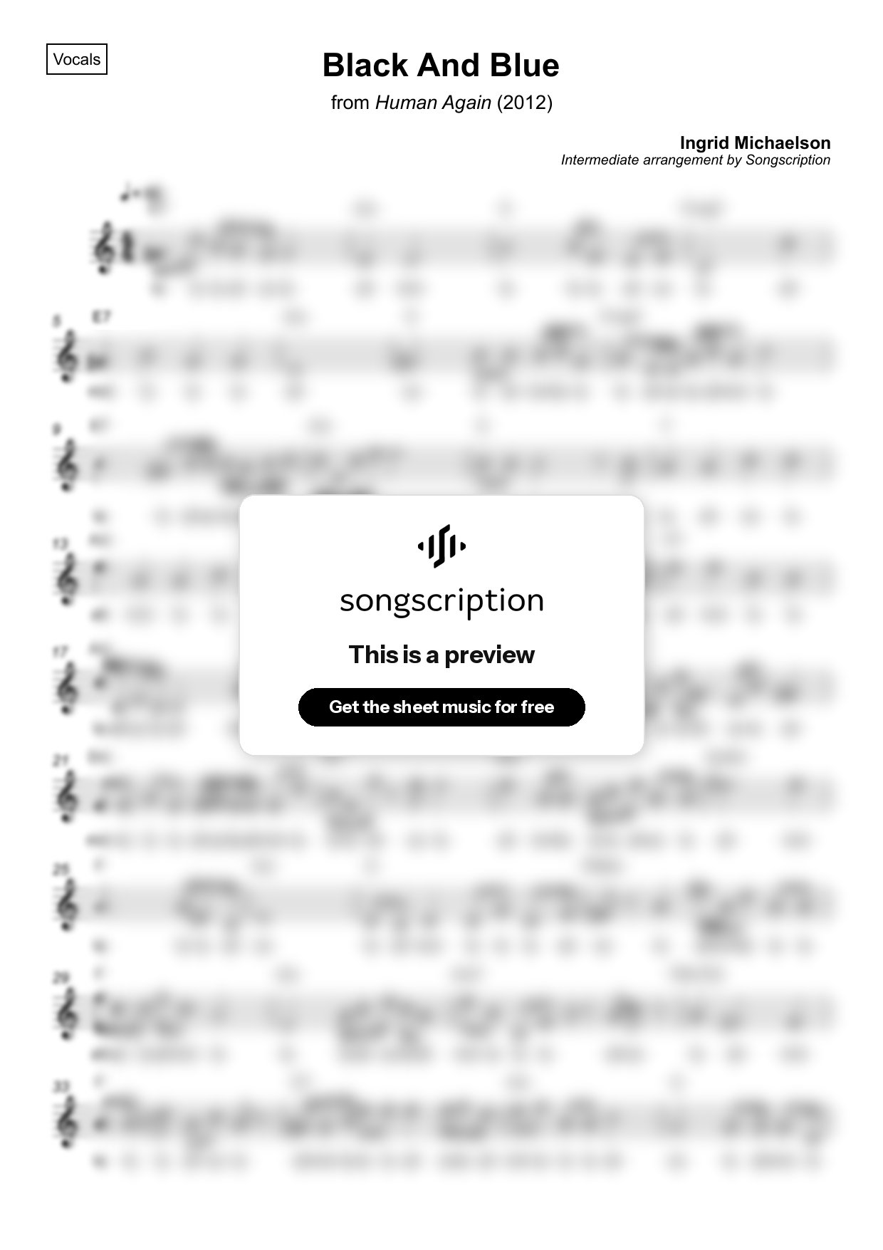 Intermediate Vocals Sheet Music for "Black And Blue" by Ingrid Michaelson