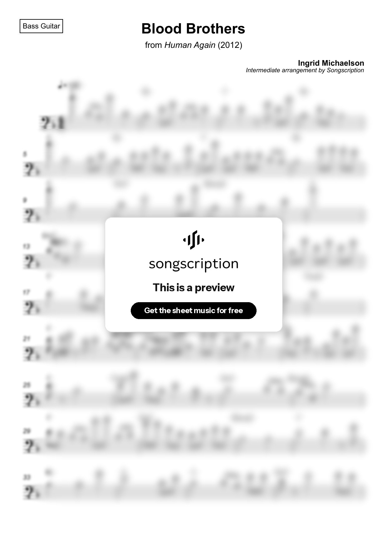Intermediate Bass Guitar Sheet Music for "Blood Brothers" by Ingrid Michaelson