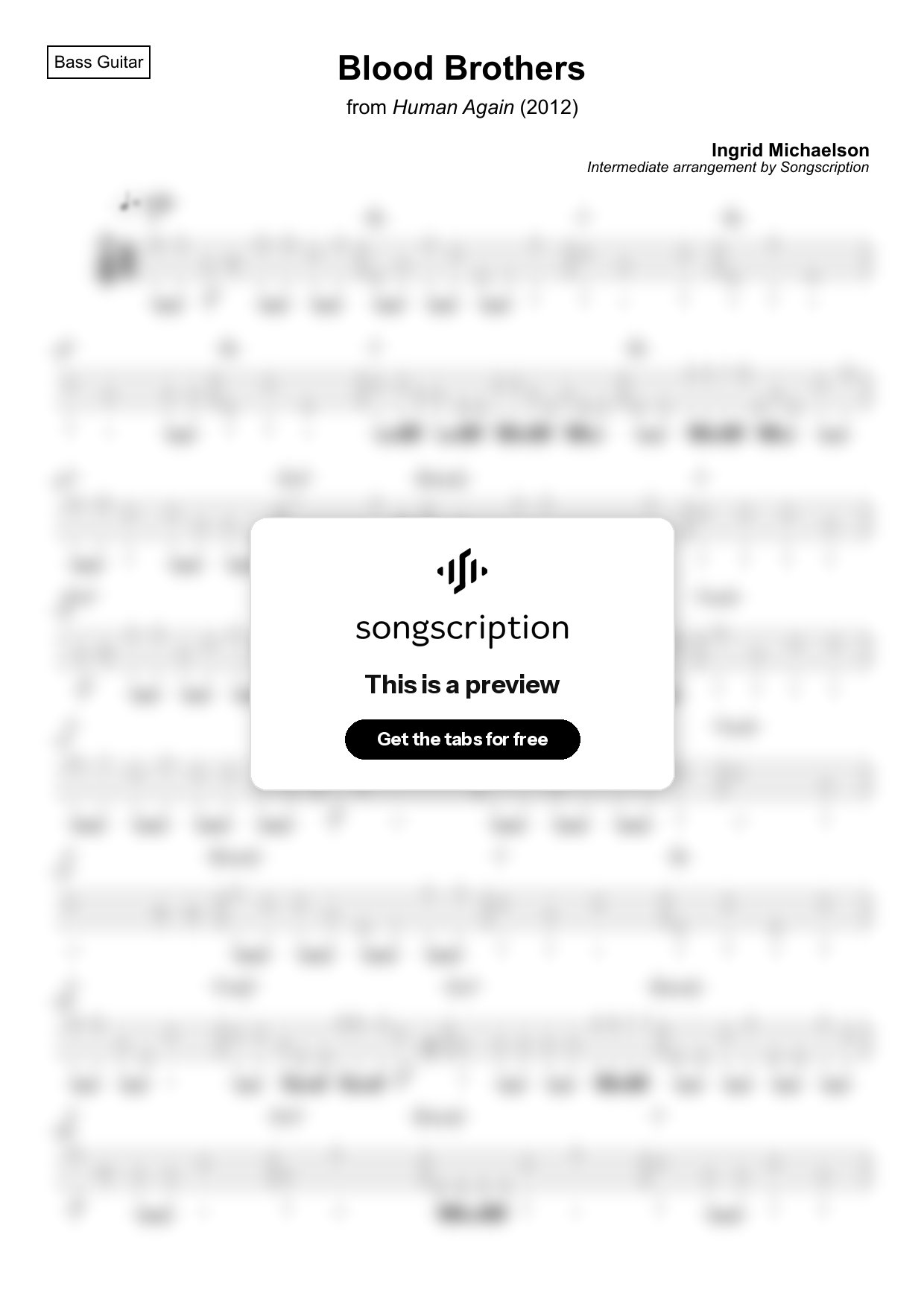 Intermediate Bass Guitar Tabs for "Blood Brothers" by Ingrid Michaelson