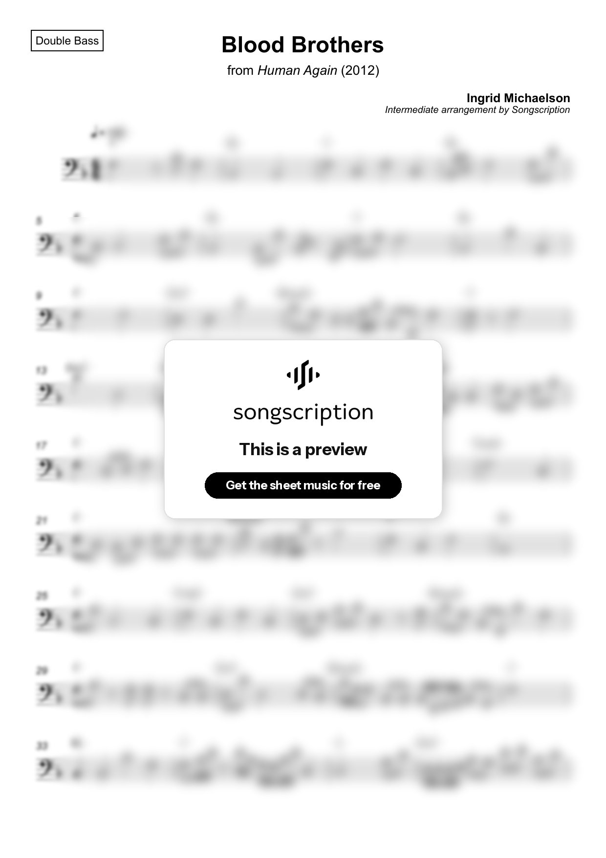 Intermediate Double Bass Sheet Music for "Blood Brothers" by Ingrid Michaelson