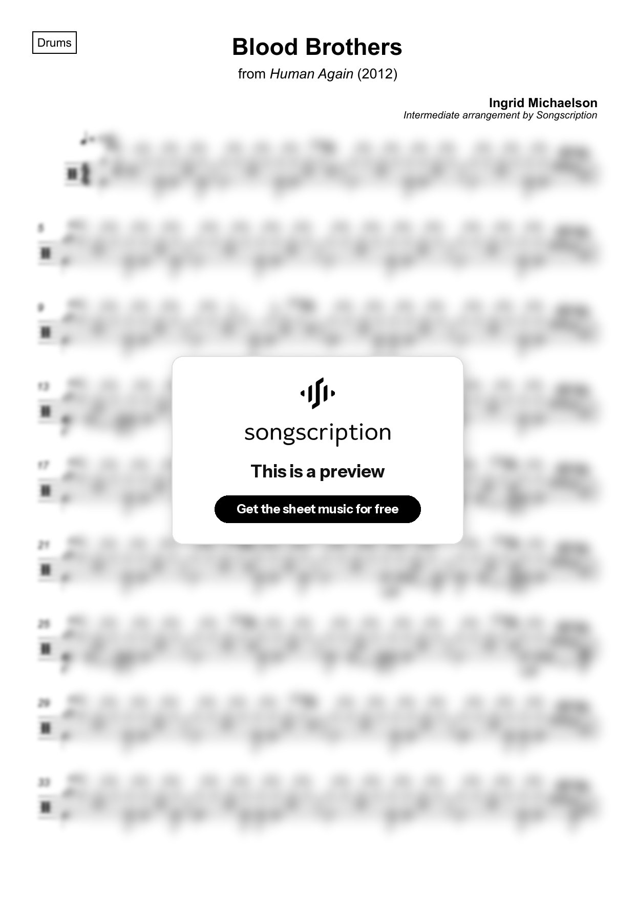 Intermediate Drums Sheet Music for "Blood Brothers" by Ingrid Michaelson