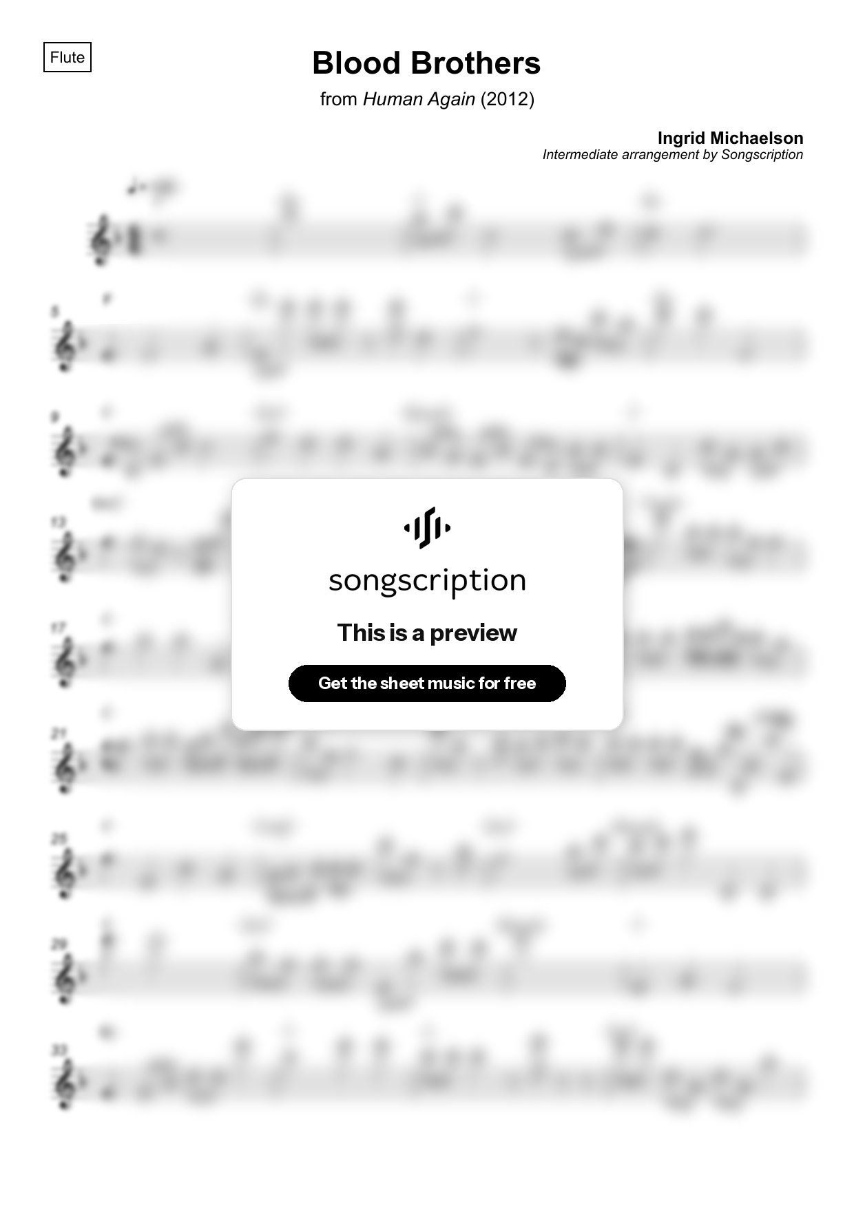Intermediate Flute Sheet Music for "Blood Brothers" by Ingrid Michaelson