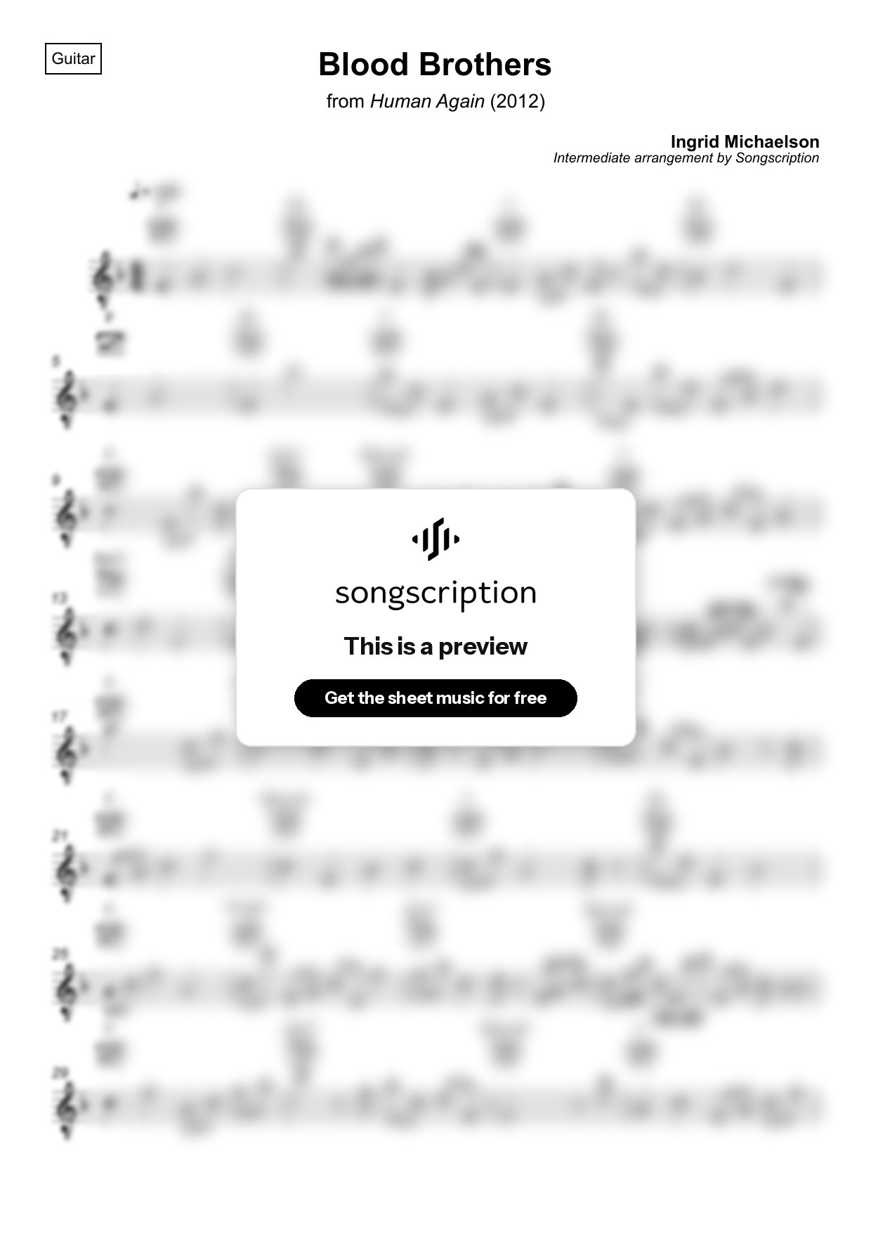 Intermediate Acoustic Guitar Sheet Music for "Blood Brothers" by Ingrid Michaelson