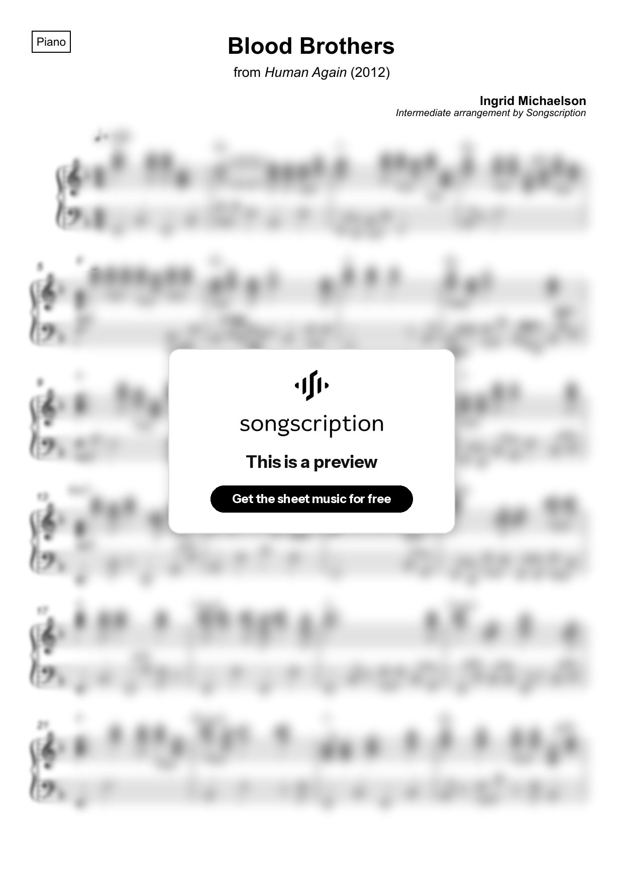 Intermediate Piano Sheet Music for "Blood Brothers" by Ingrid Michaelson