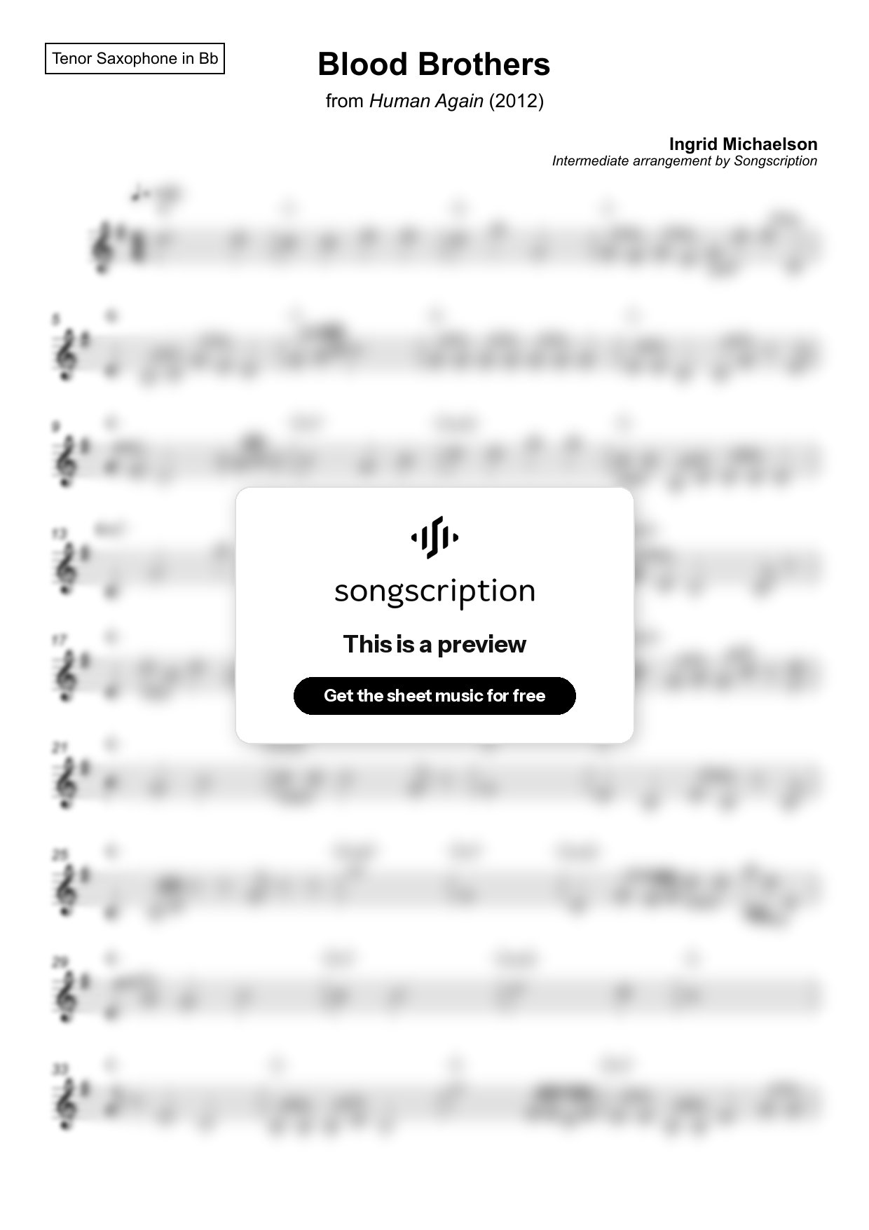 Intermediate Tenor Sax Sheet Music for "Blood Brothers" by Ingrid Michaelson