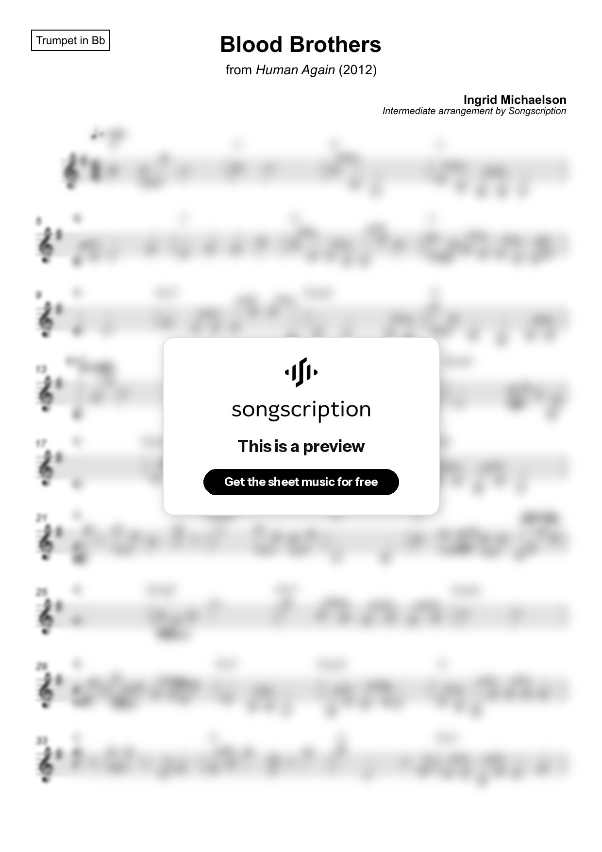 Intermediate Trumpet Sheet Music for "Blood Brothers" by Ingrid Michaelson