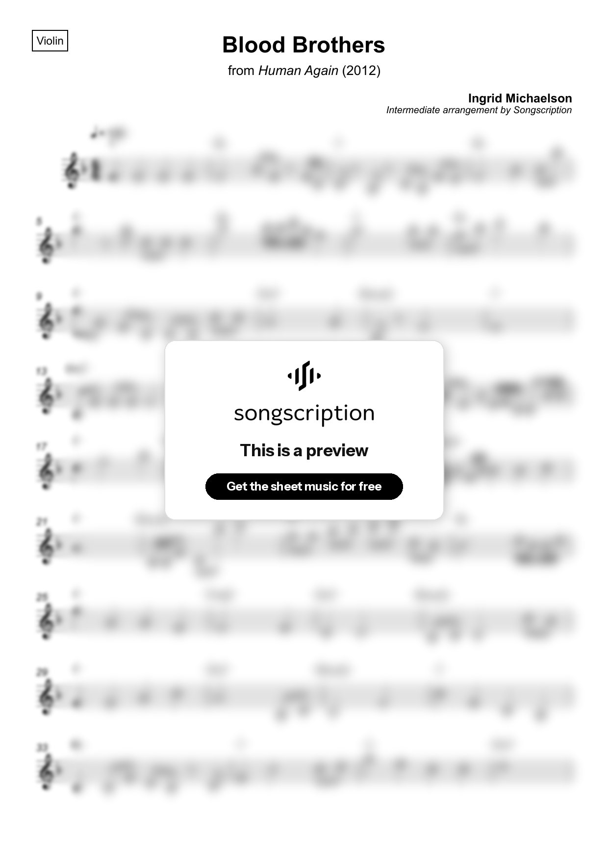 Intermediate Violin Sheet Music for "Blood Brothers" by Ingrid Michaelson