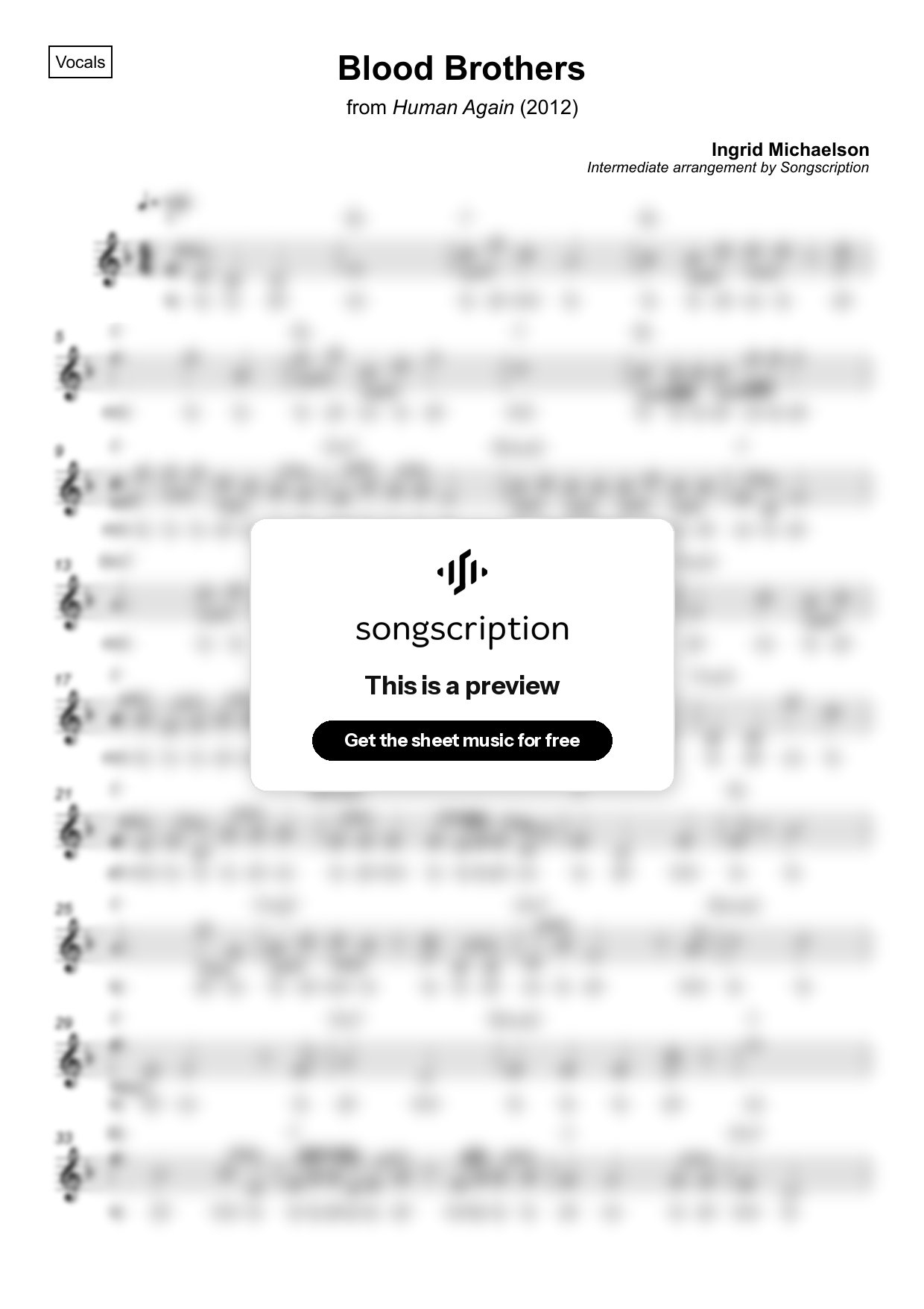 Intermediate Vocals Sheet Music for "Blood Brothers" by Ingrid Michaelson