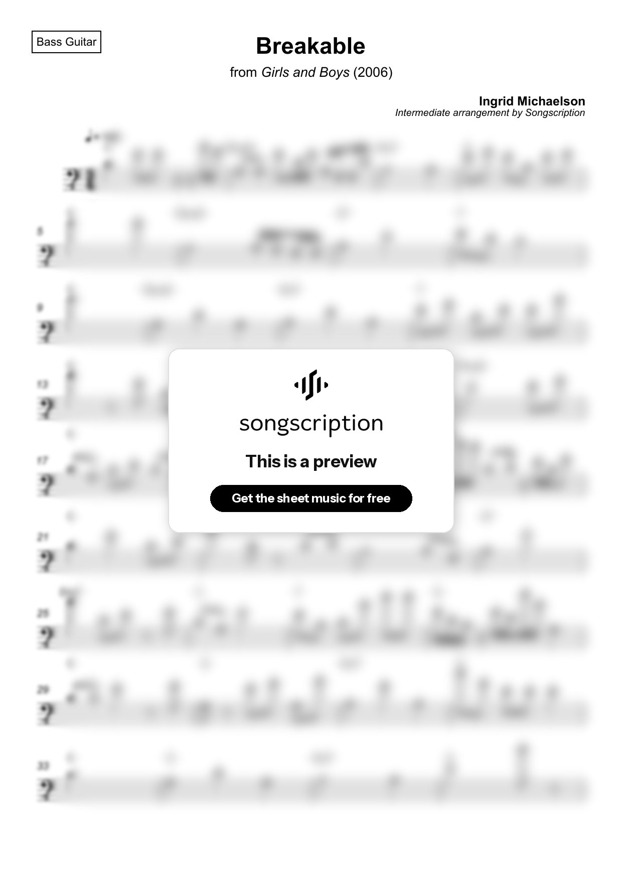 Intermediate Bass Guitar Sheet Music for "Breakable" by Ingrid Michaelson