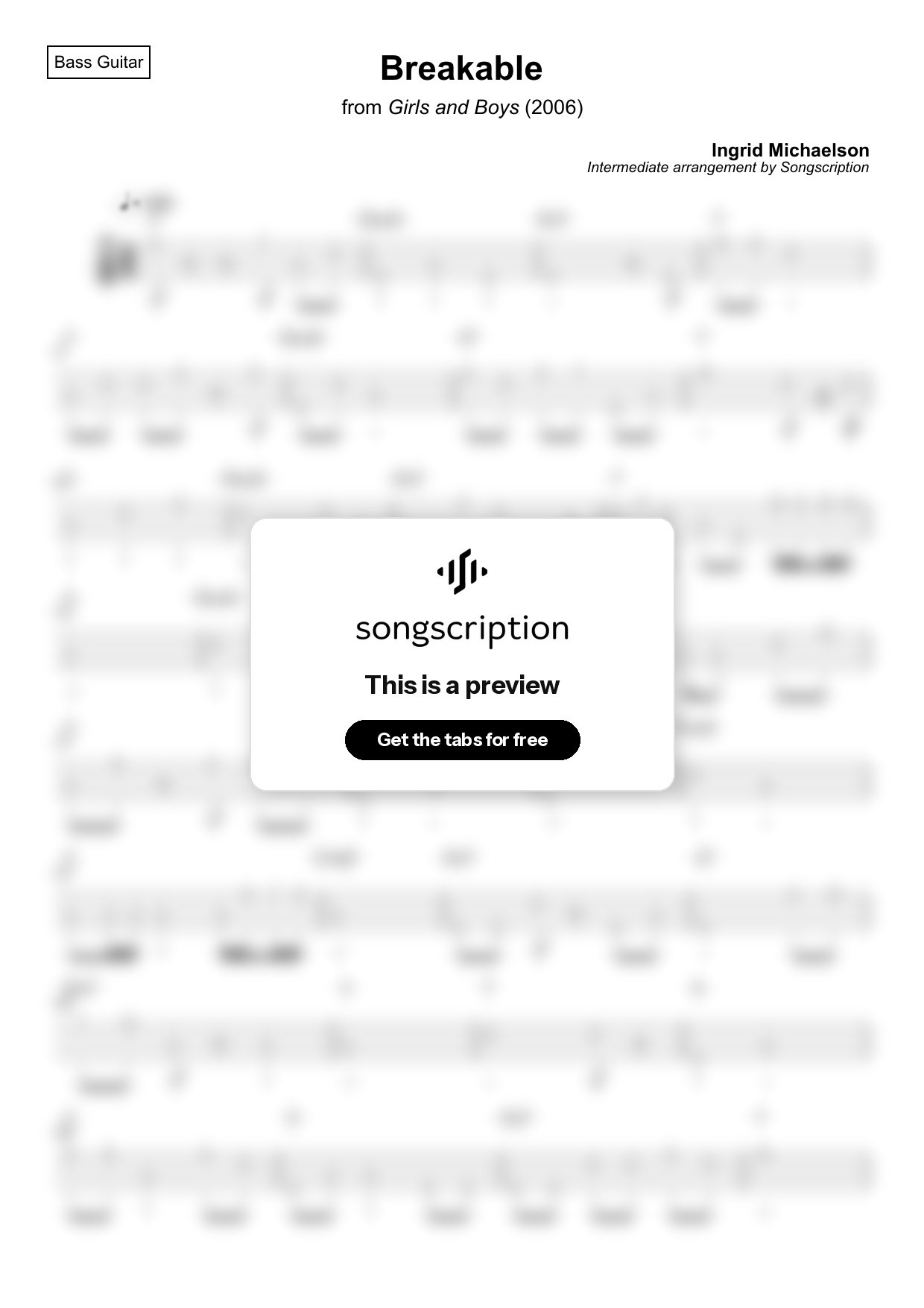 Intermediate Bass Guitar Tabs for "Breakable" by Ingrid Michaelson