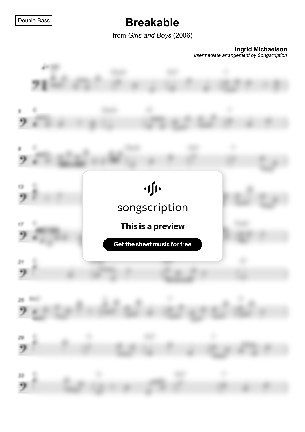 Intermediate Double Bass Sheet Music for "Breakable" by Ingrid Michaelson