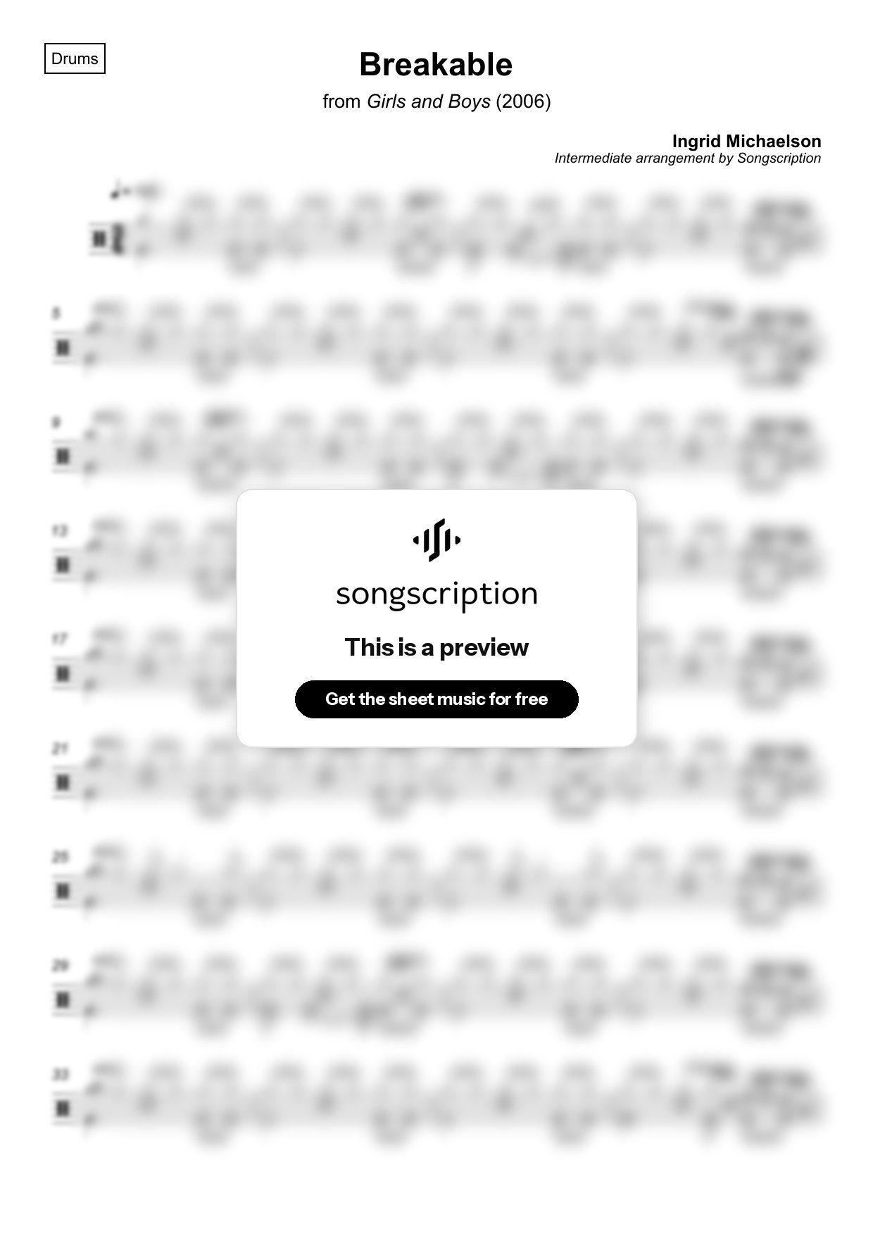Intermediate Drums Sheet Music for "Breakable" by Ingrid Michaelson