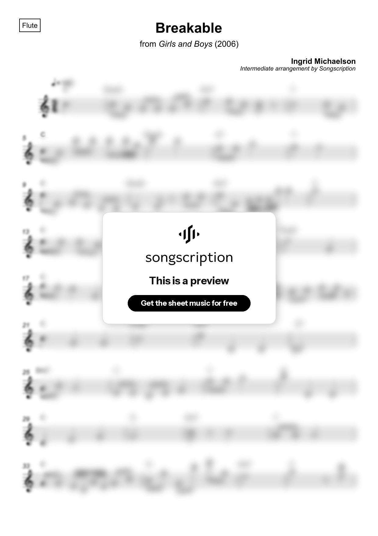 Intermediate Flute Sheet Music for "Breakable" by Ingrid Michaelson