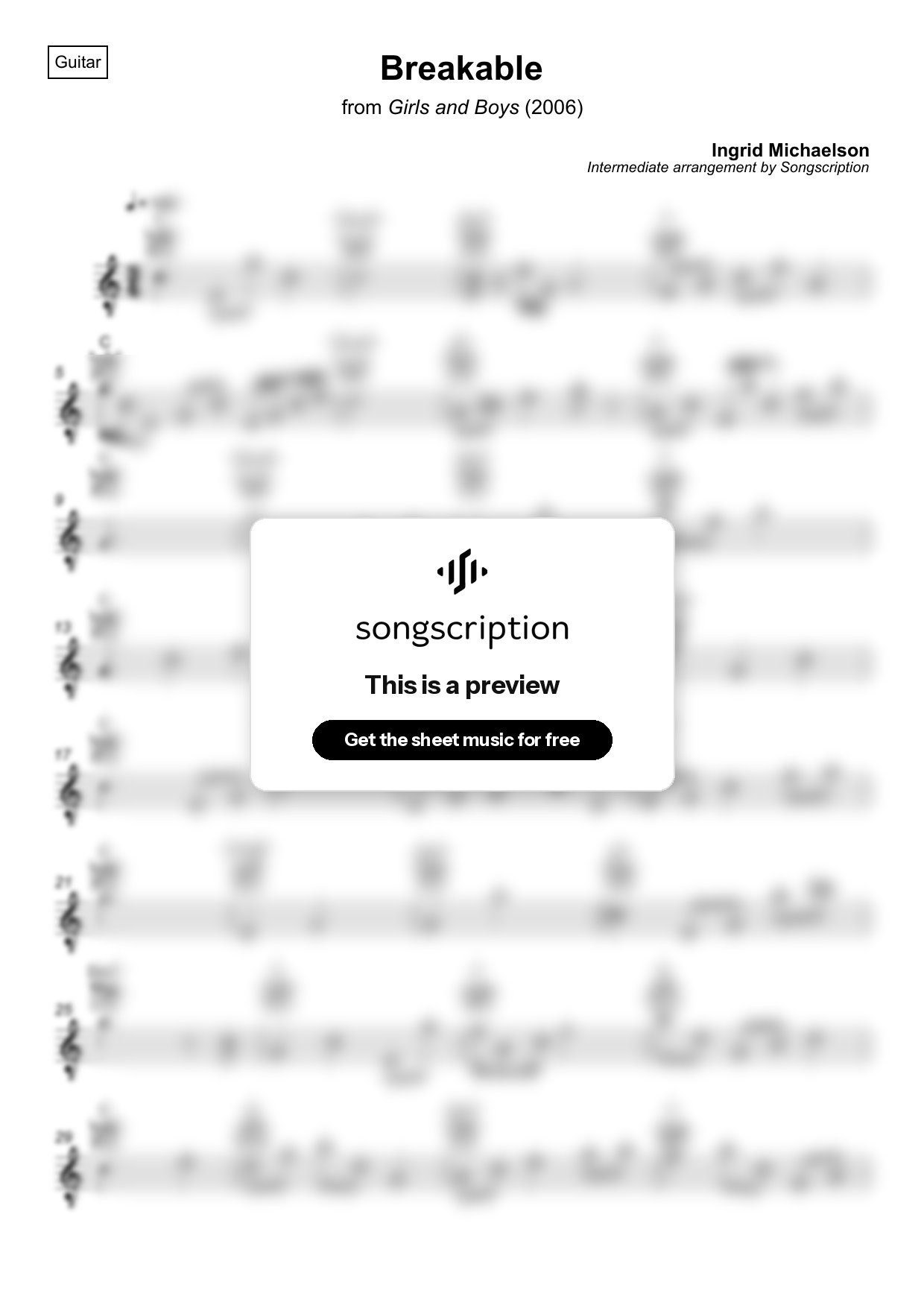 Intermediate Acoustic Guitar Sheet Music for "Breakable" by Ingrid Michaelson