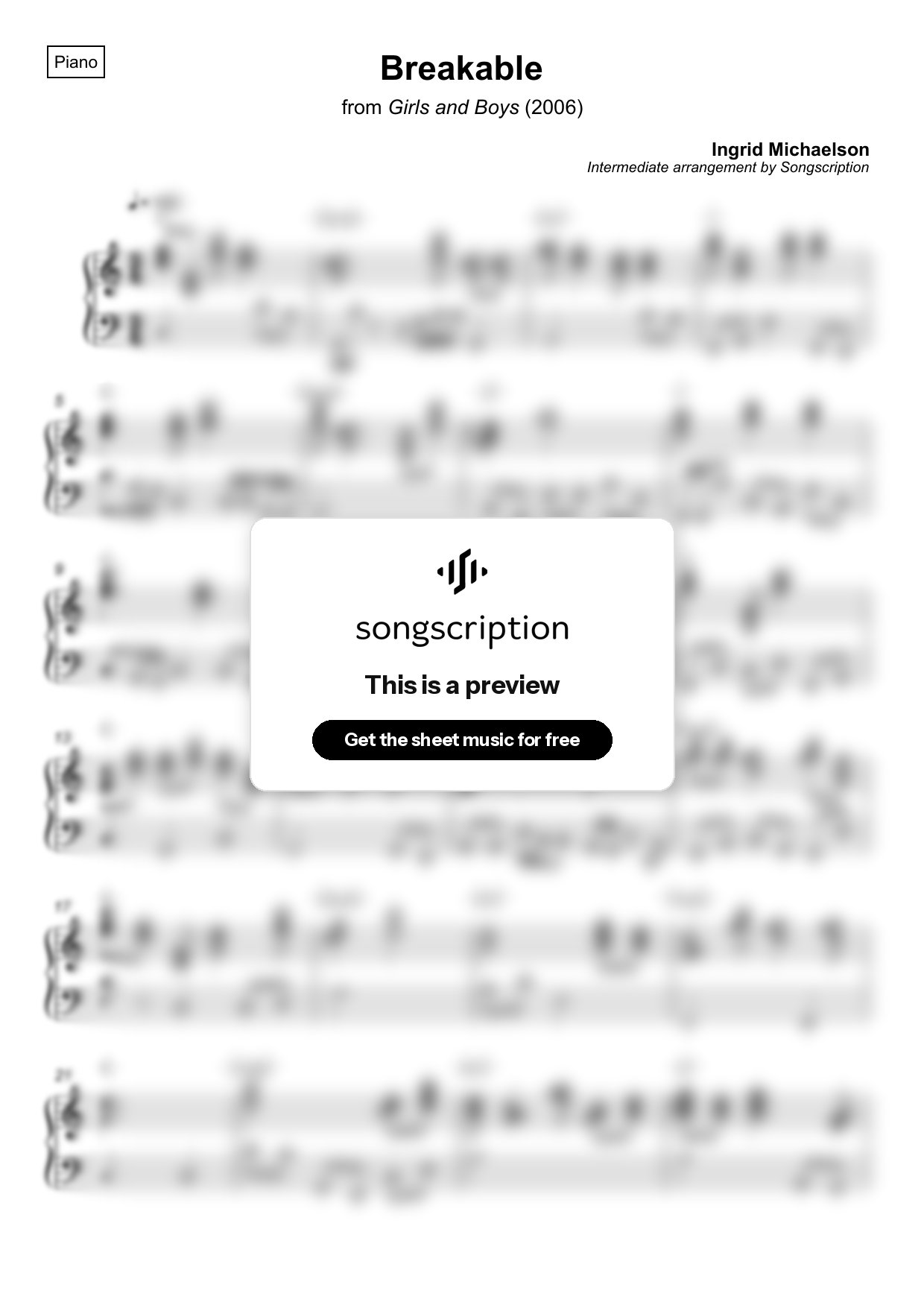 Intermediate Piano Sheet Music for "Breakable" by Ingrid Michaelson