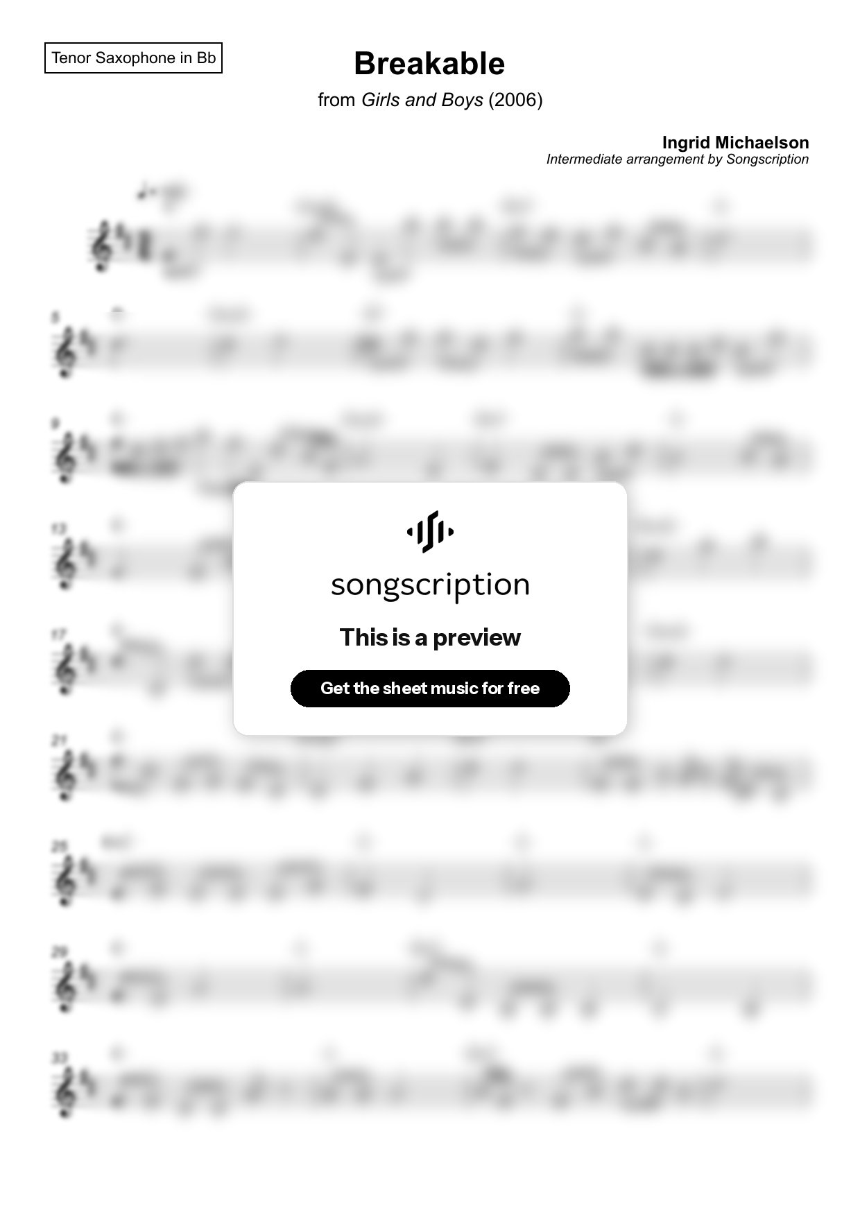 Intermediate Tenor Sax Sheet Music for "Breakable" by Ingrid Michaelson