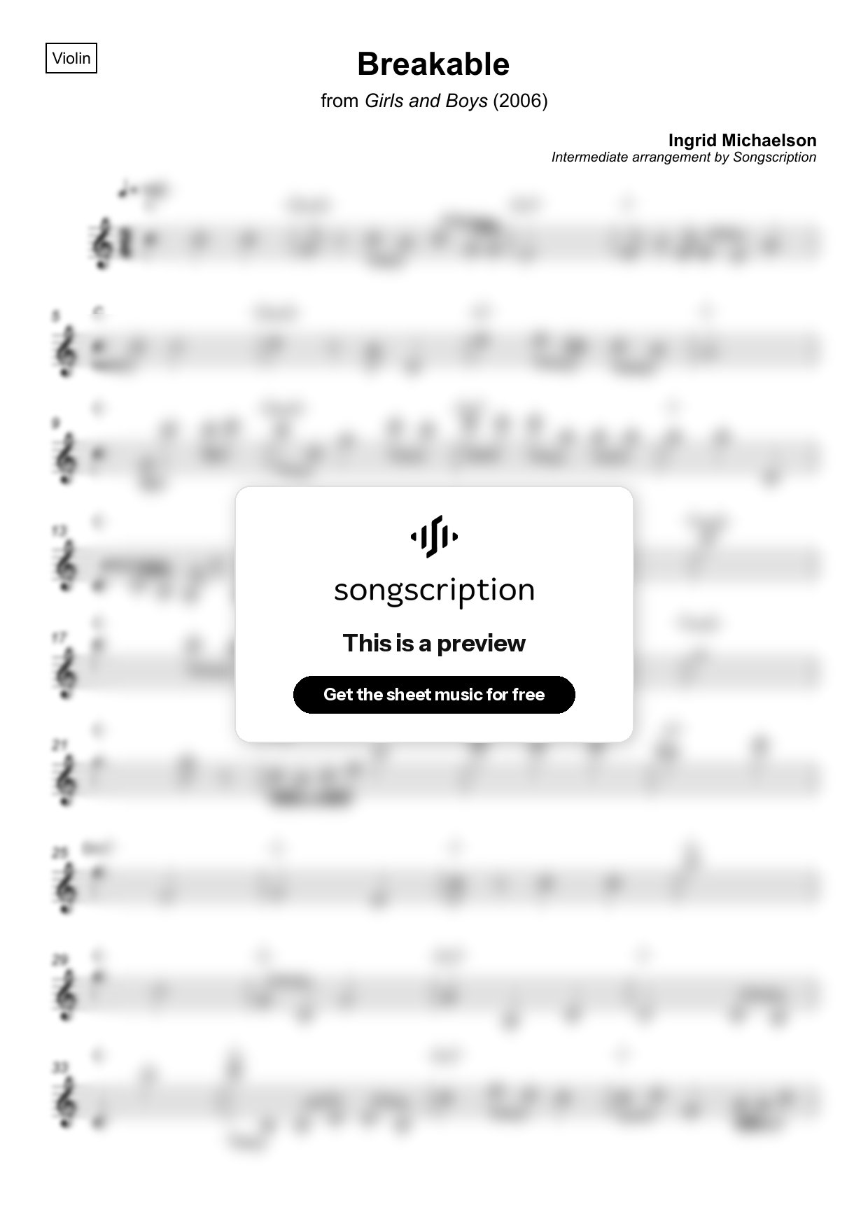 Intermediate Violin Sheet Music for "Breakable" by Ingrid Michaelson
