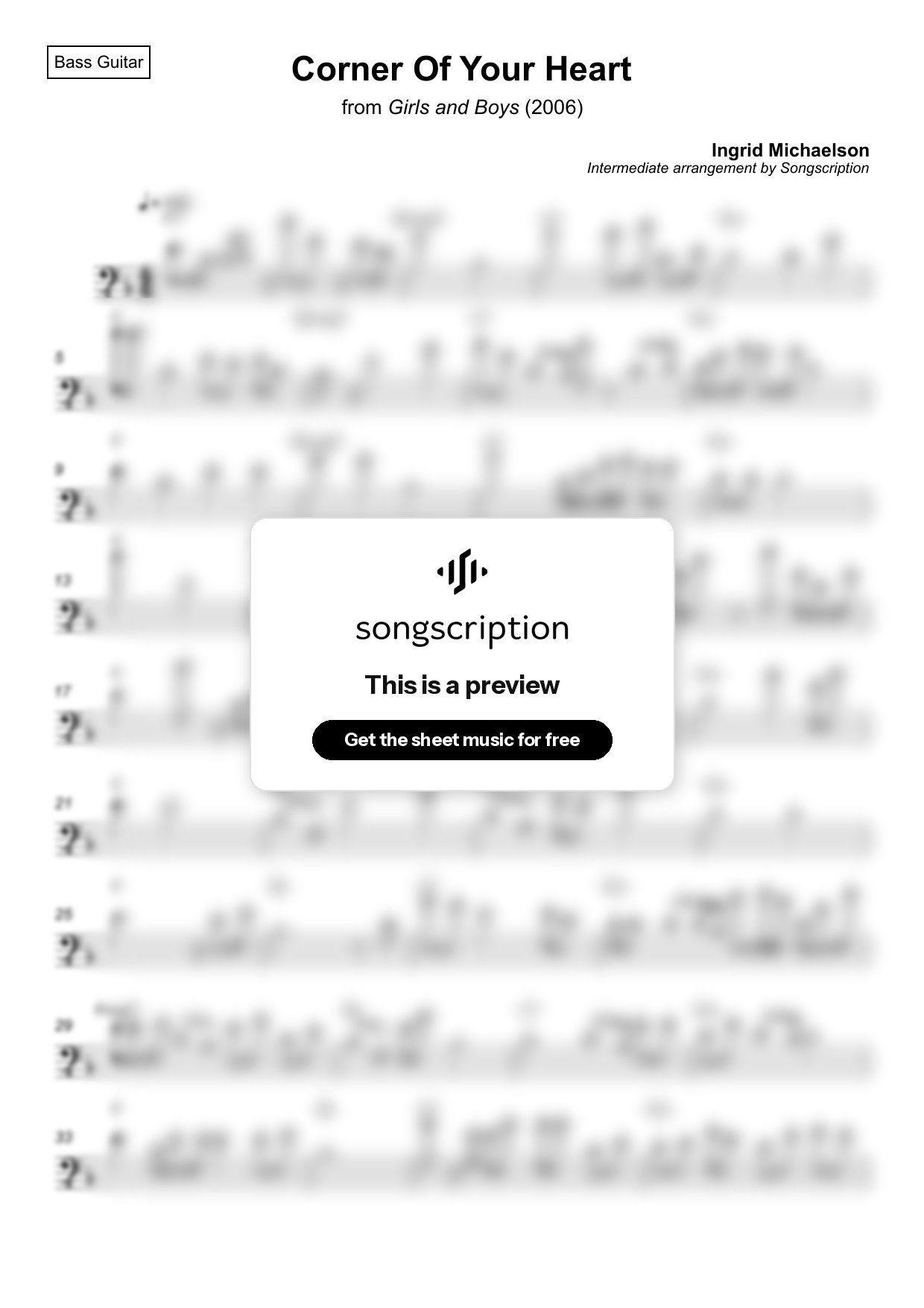Intermediate Bass Guitar Sheet Music for "Corner Of Your Heart" by Ingrid Michaelson