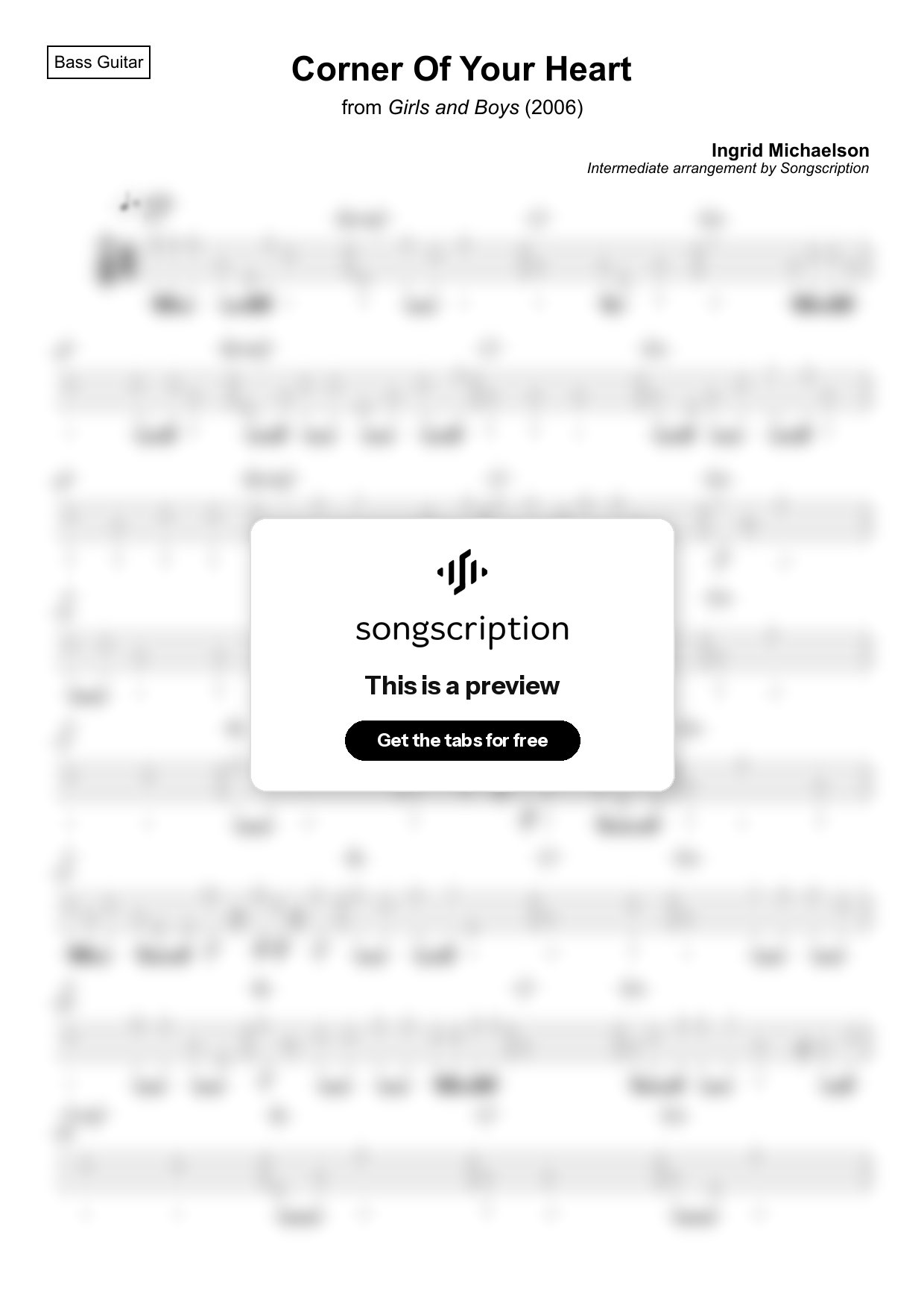 Intermediate Bass Guitar Tabs for "Corner Of Your Heart" by Ingrid Michaelson
