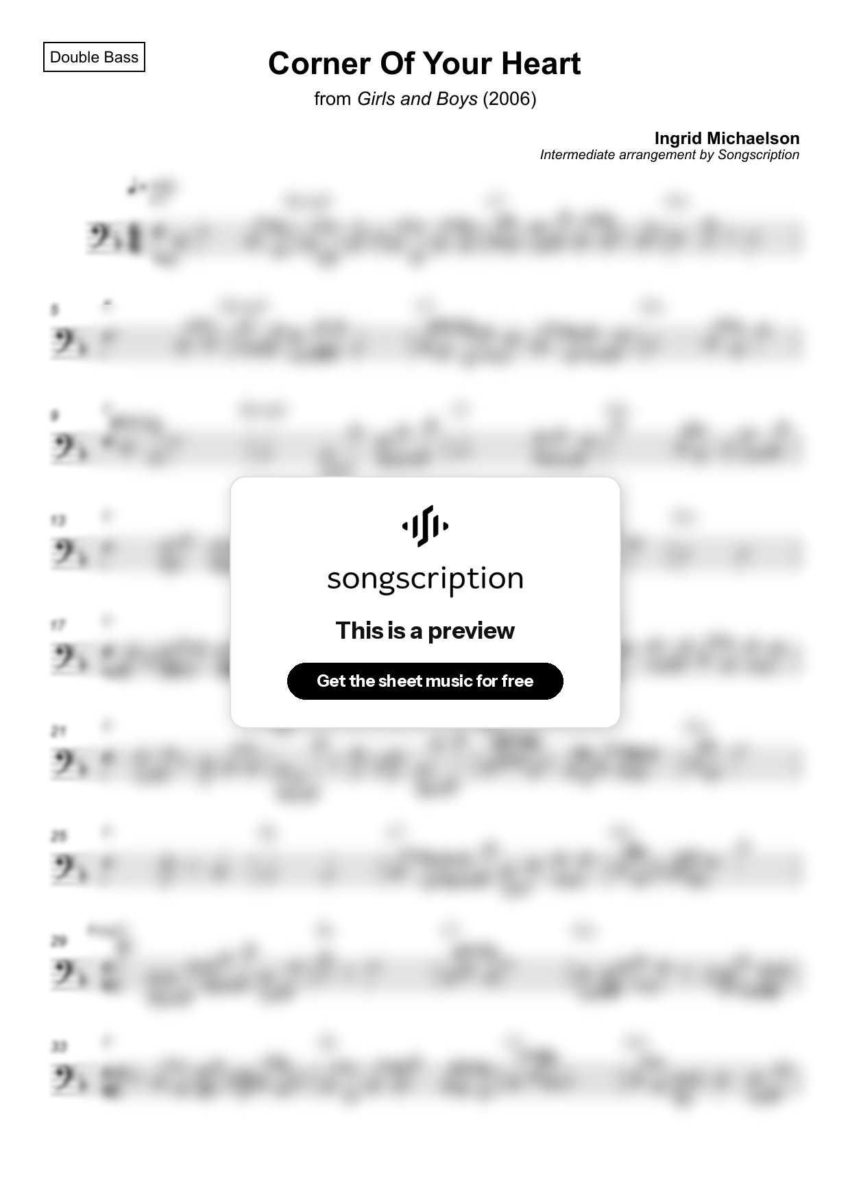Intermediate Double Bass Sheet Music for "Corner Of Your Heart" by Ingrid Michaelson