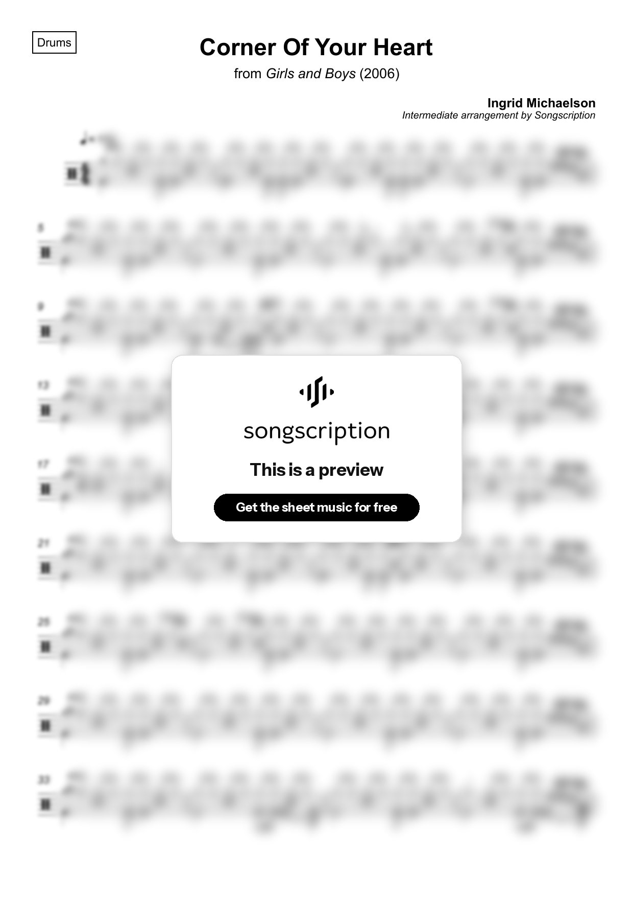 Intermediate Drums Sheet Music for "Corner Of Your Heart" by Ingrid Michaelson