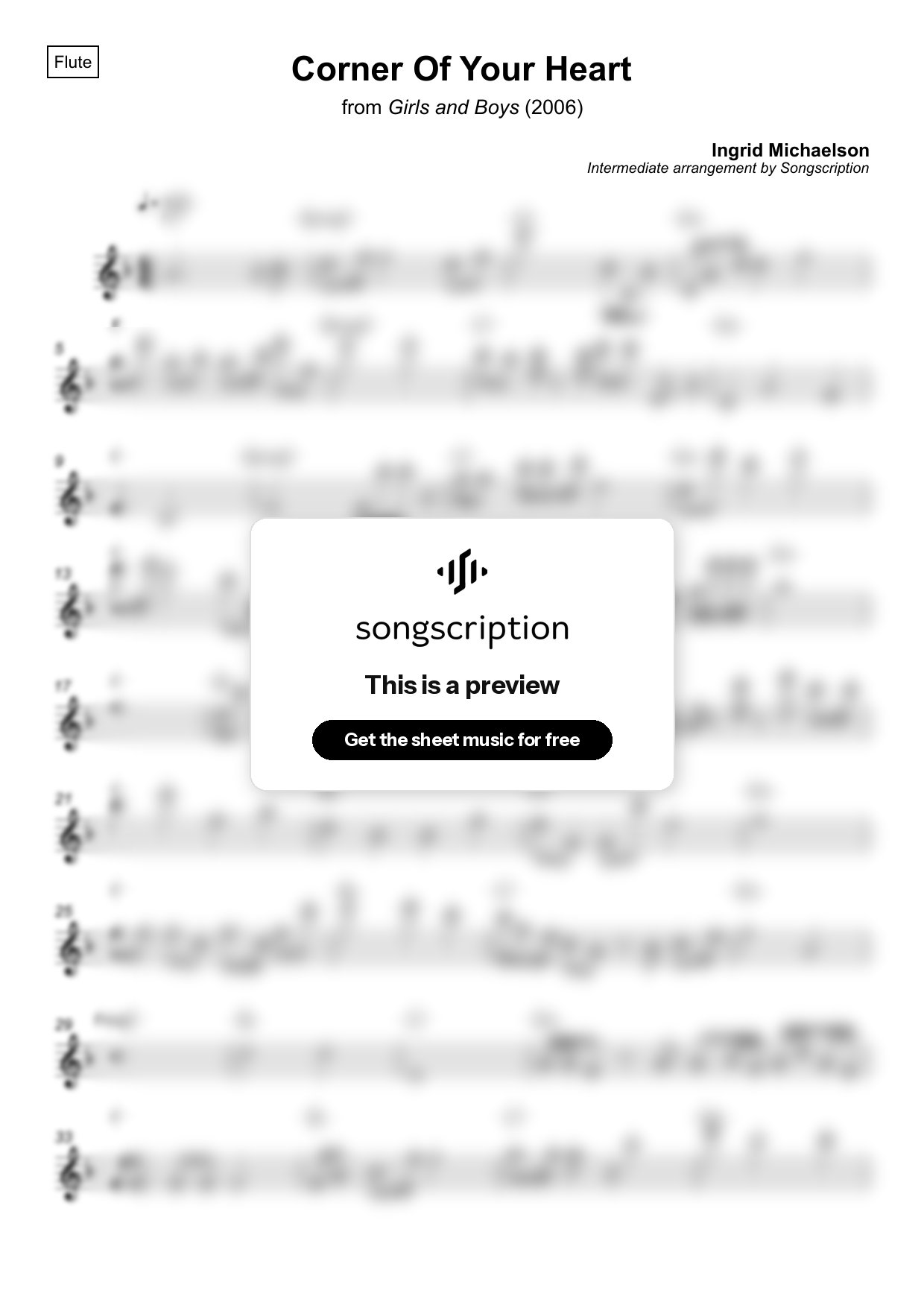 Intermediate Flute Sheet Music for "Corner Of Your Heart" by Ingrid Michaelson