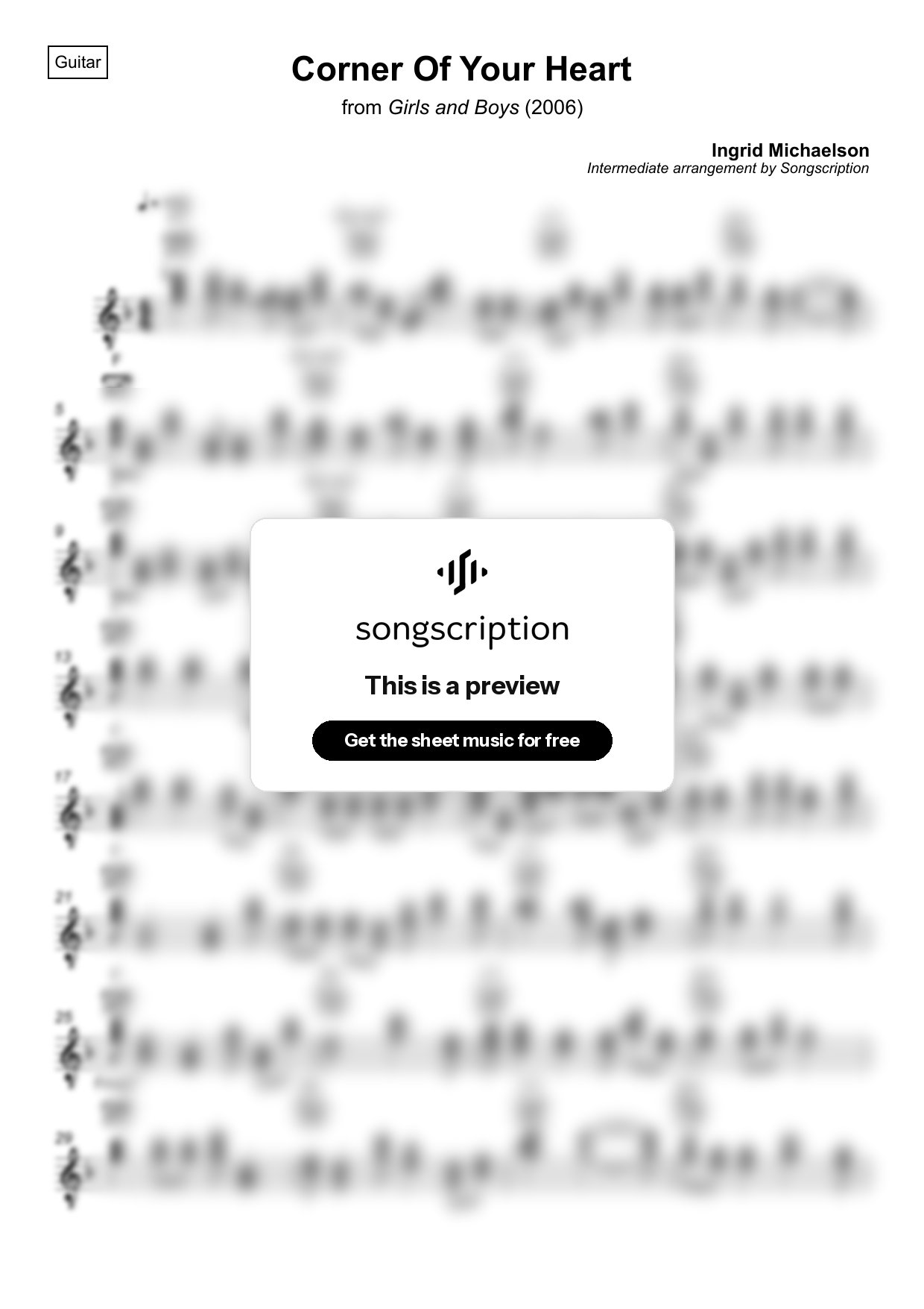 Intermediate Acoustic Guitar Sheet Music for "Corner Of Your Heart" by Ingrid Michaelson