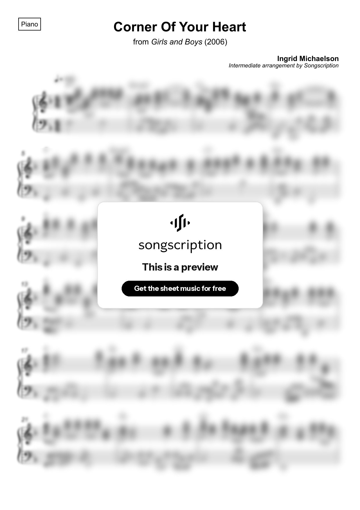 Intermediate Piano Sheet Music for "Corner Of Your Heart" by Ingrid Michaelson