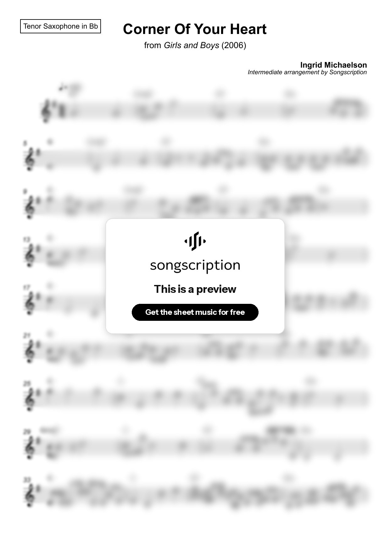 Intermediate Tenor Sax Sheet Music for "Corner Of Your Heart" by Ingrid Michaelson
