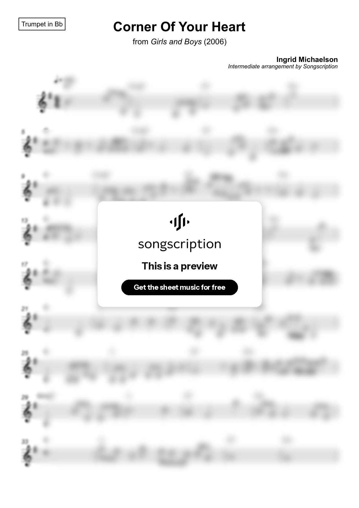 Intermediate Trumpet Sheet Music for "Corner Of Your Heart" by Ingrid Michaelson