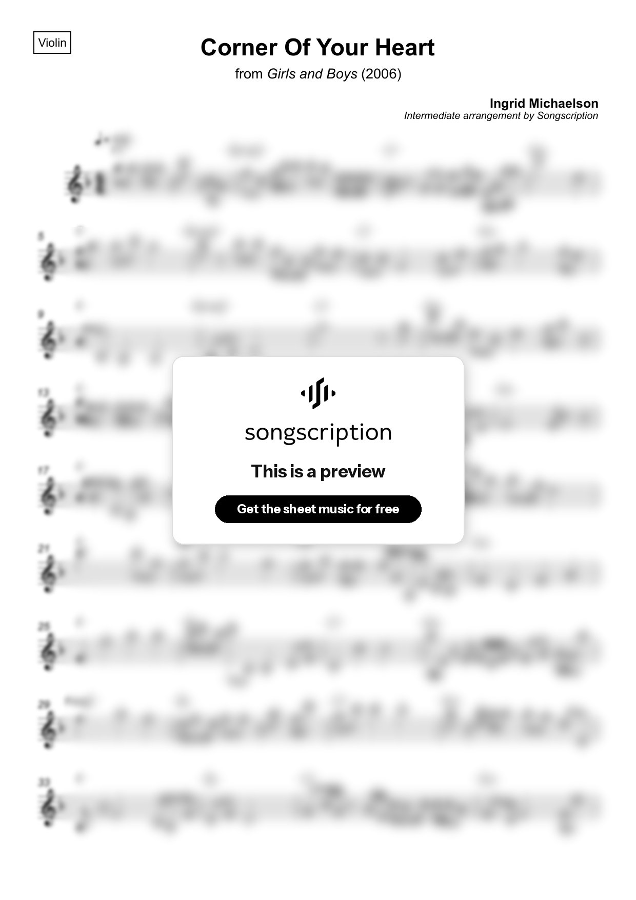 Intermediate Violin Sheet Music for "Corner Of Your Heart" by Ingrid Michaelson