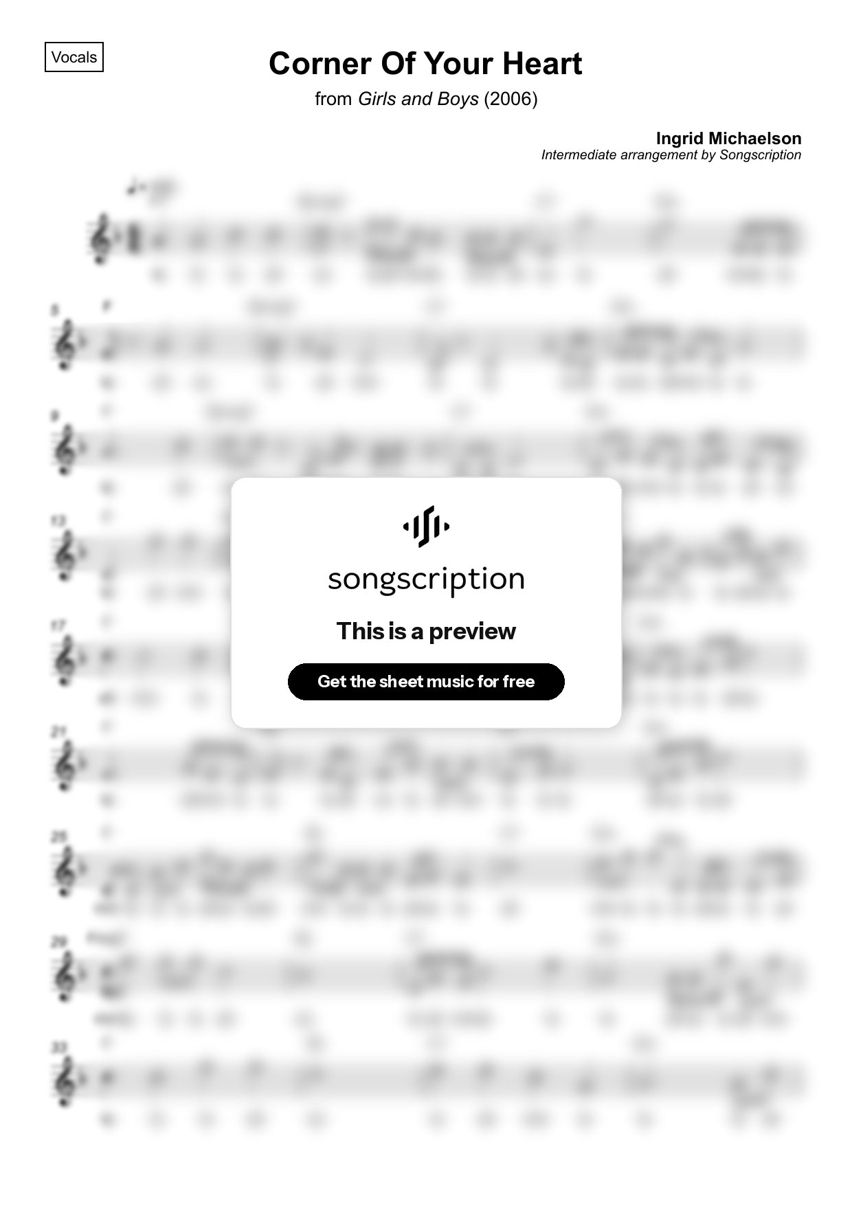Intermediate Vocals Sheet Music for "Corner Of Your Heart" by Ingrid Michaelson