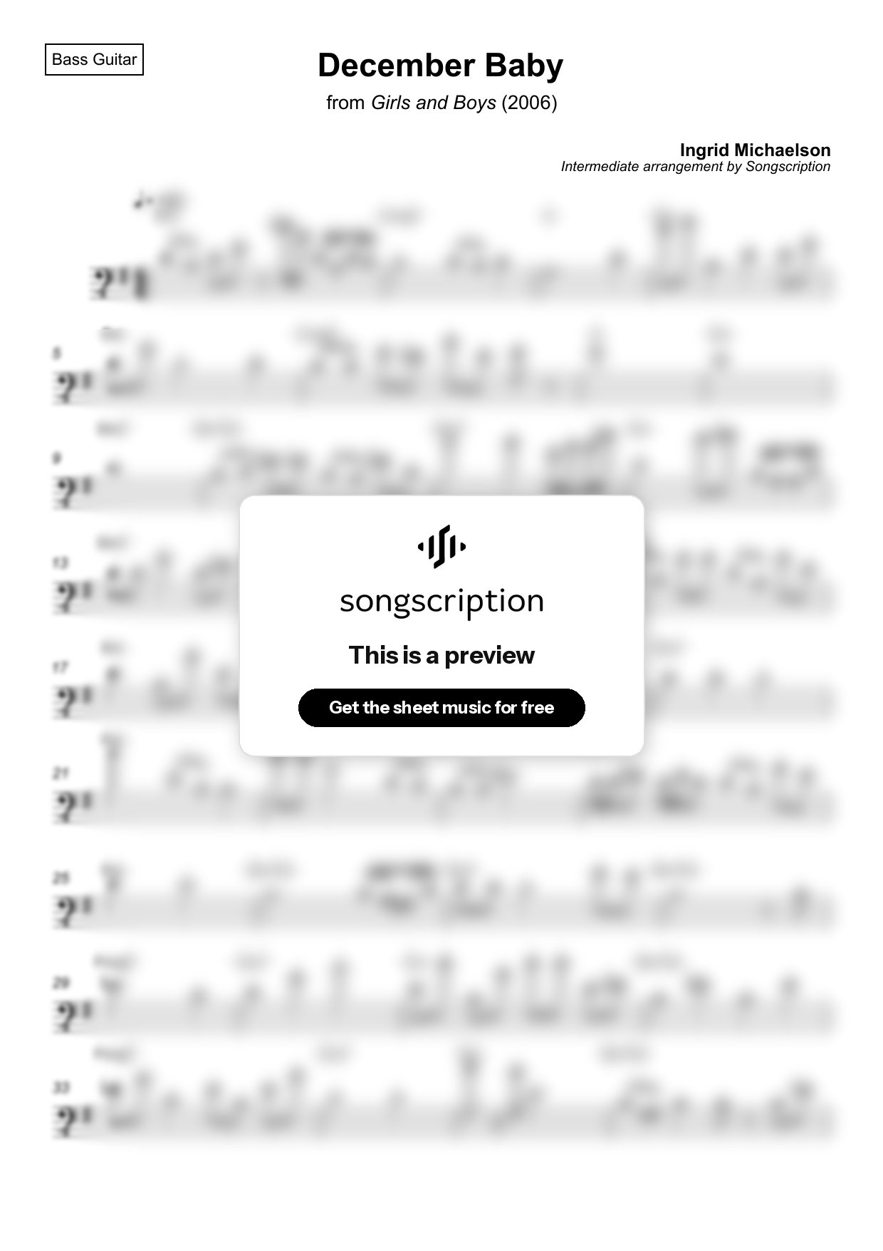 Intermediate Bass Guitar Sheet Music for "December Baby" by Ingrid Michaelson