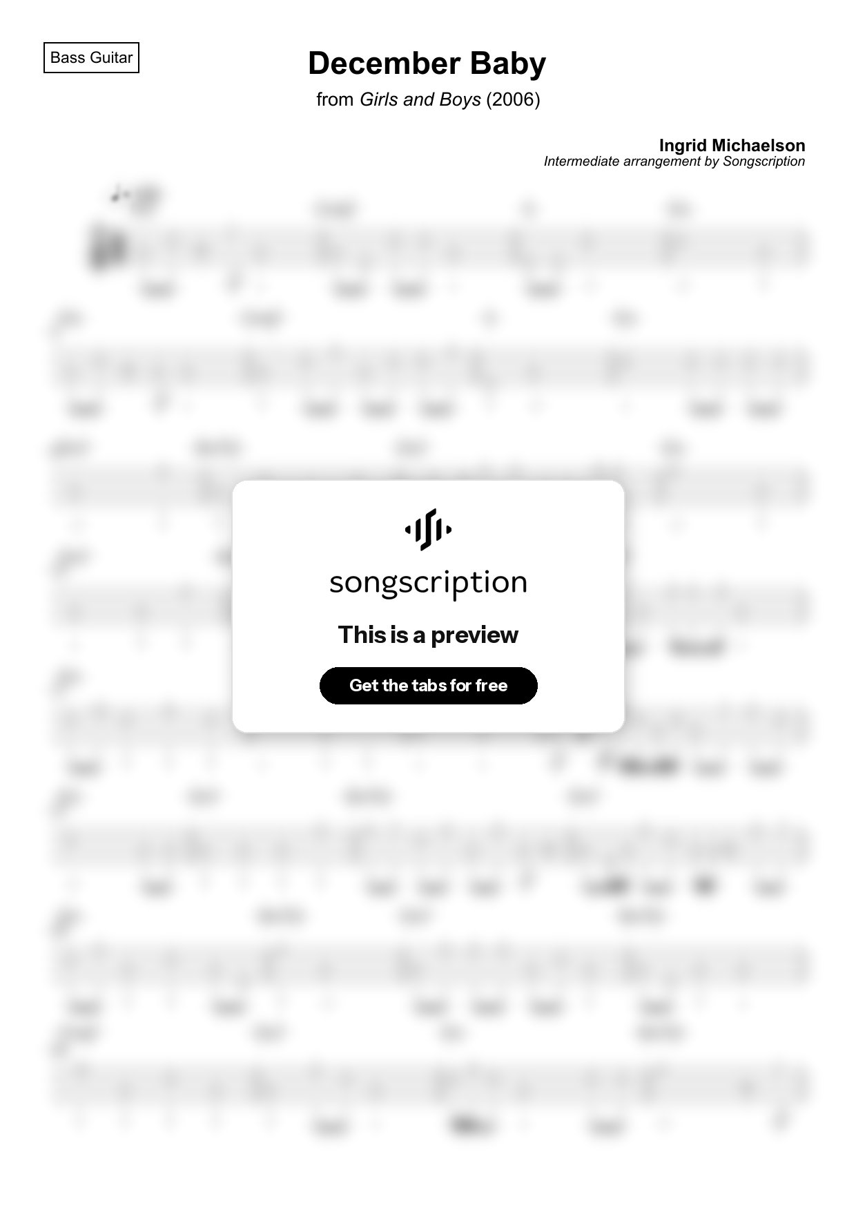 Intermediate Bass Guitar Tabs for "December Baby" by Ingrid Michaelson