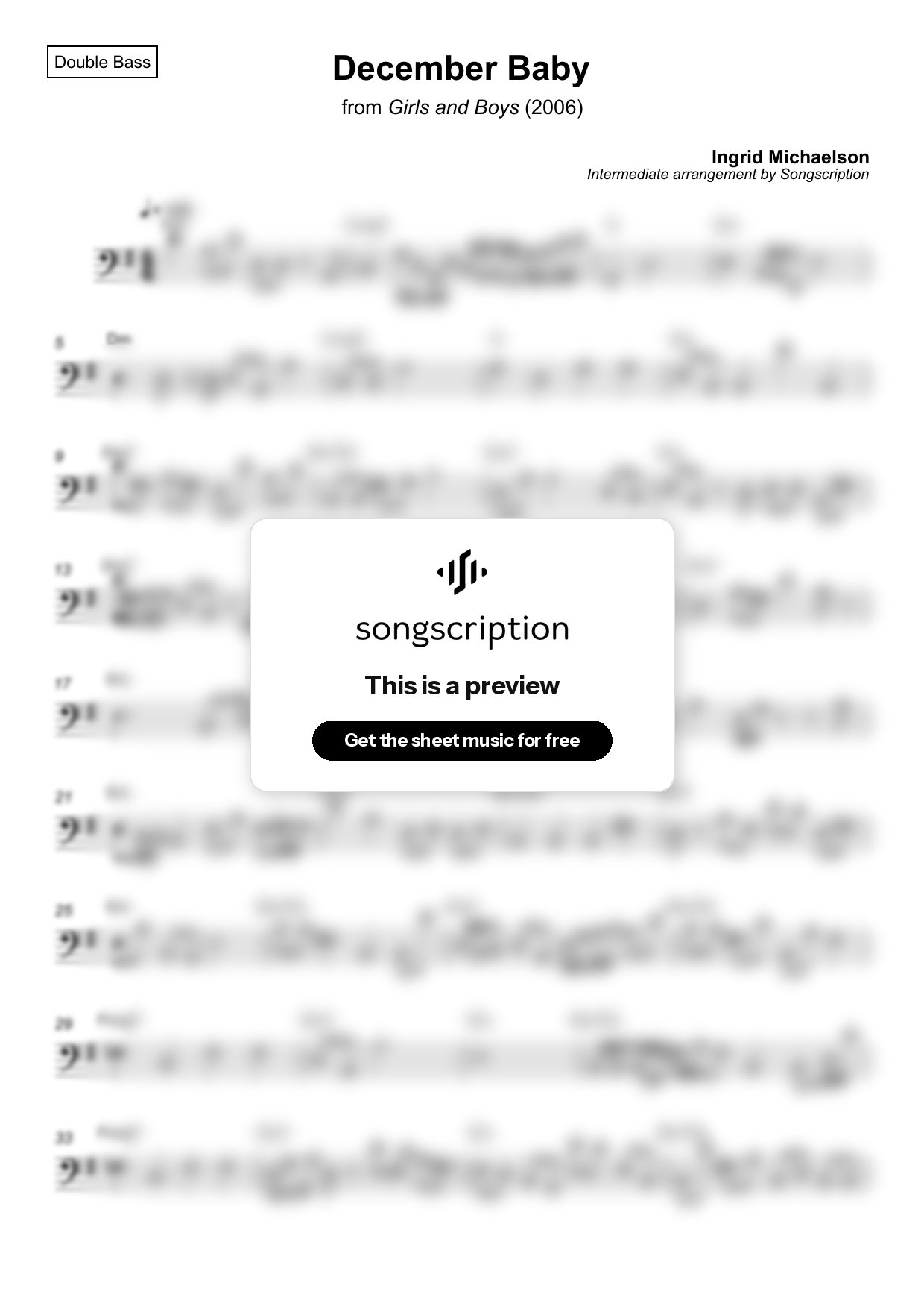 Intermediate Double Bass Sheet Music for "December Baby" by Ingrid Michaelson