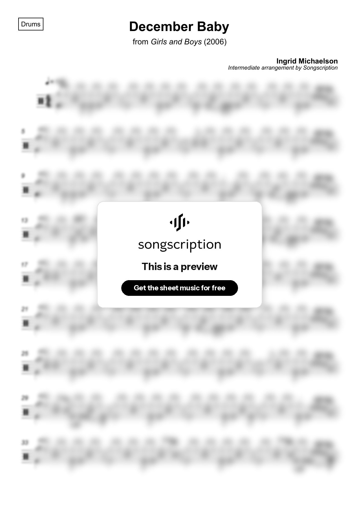 Intermediate Drums Sheet Music for "December Baby" by Ingrid Michaelson