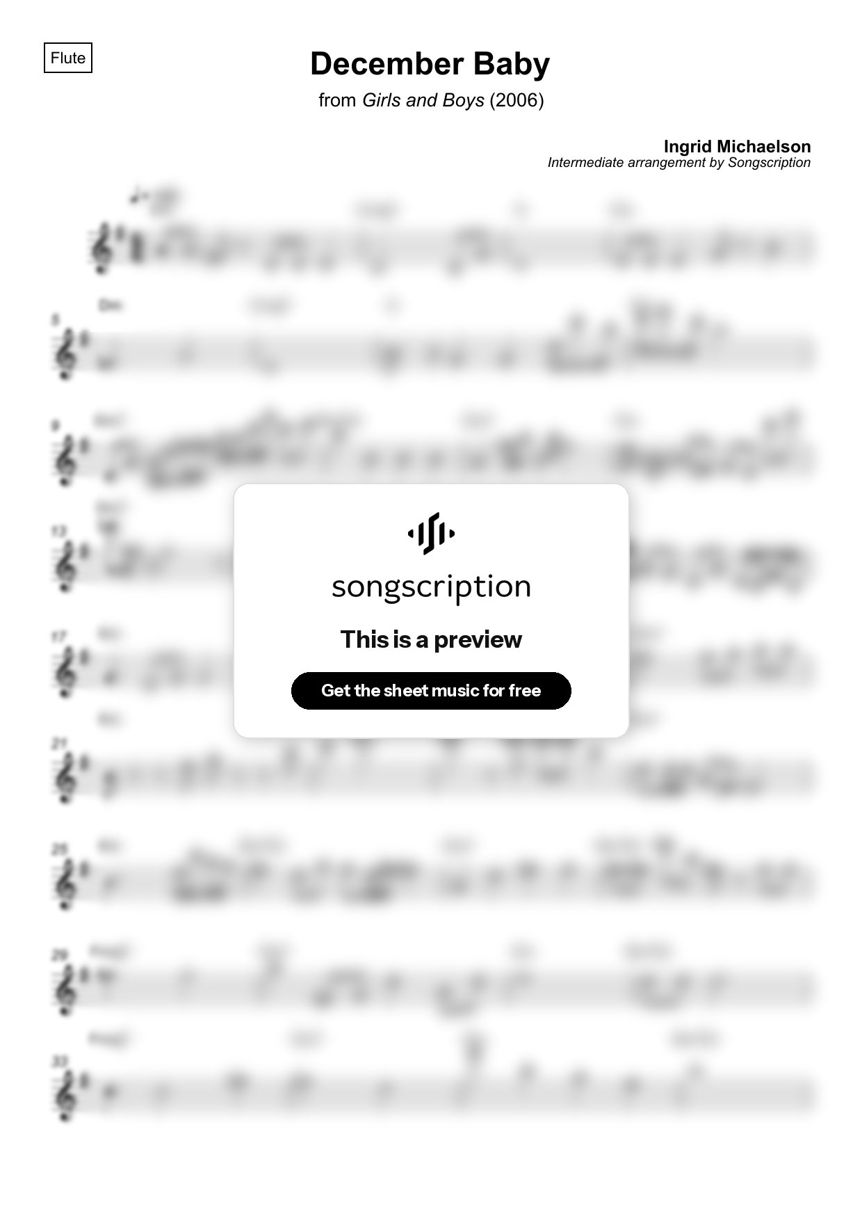 Intermediate Flute Sheet Music for "December Baby" by Ingrid Michaelson