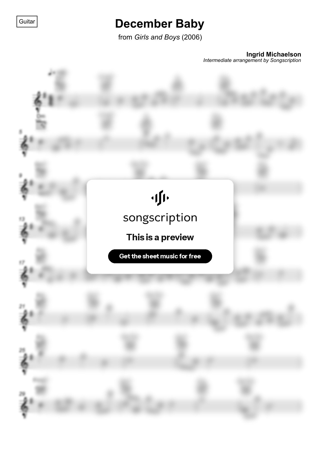 Intermediate Acoustic Guitar Sheet Music for "December Baby" by Ingrid Michaelson